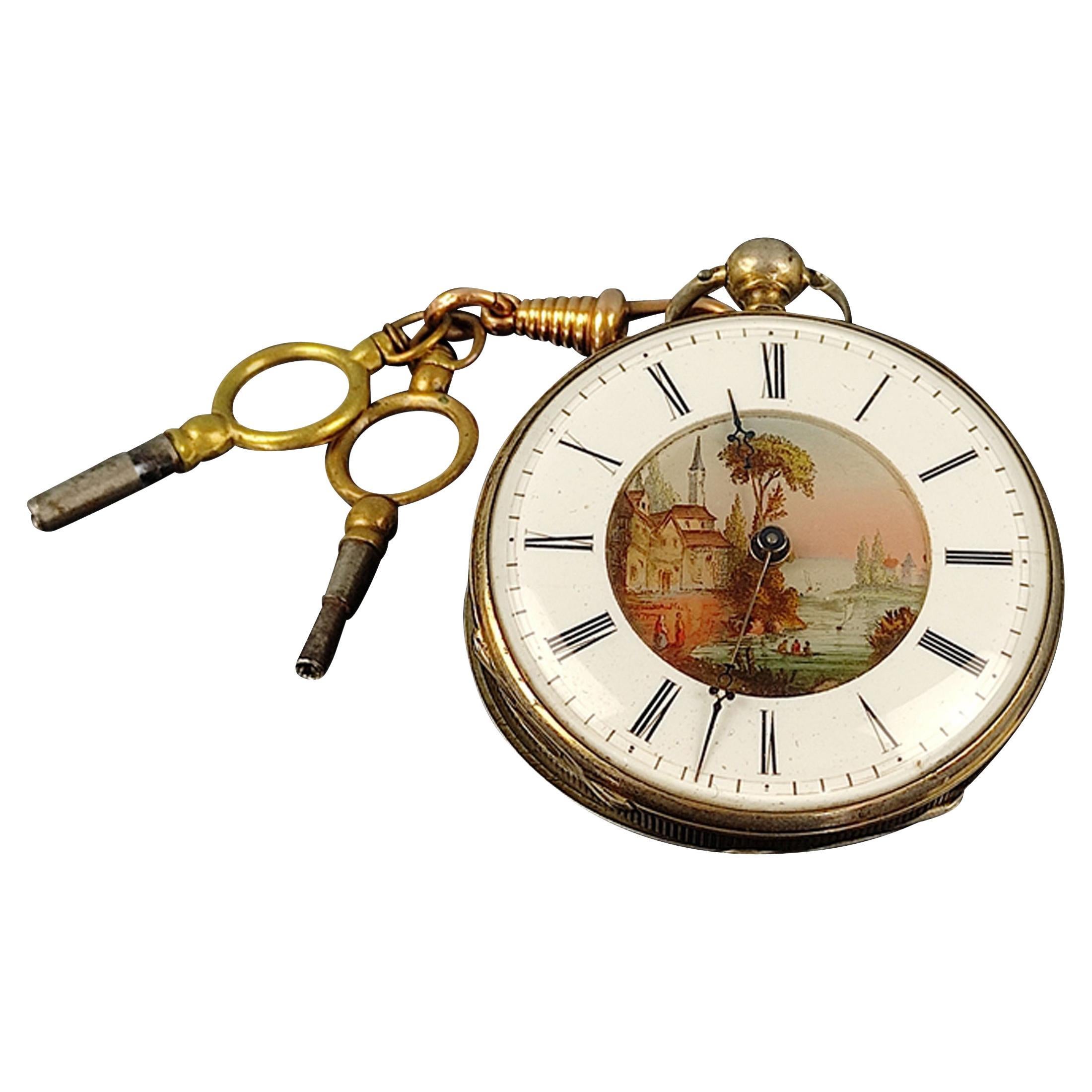 Empire Rare montre de poche française des années 1800 avec cadran en émail peint en vente