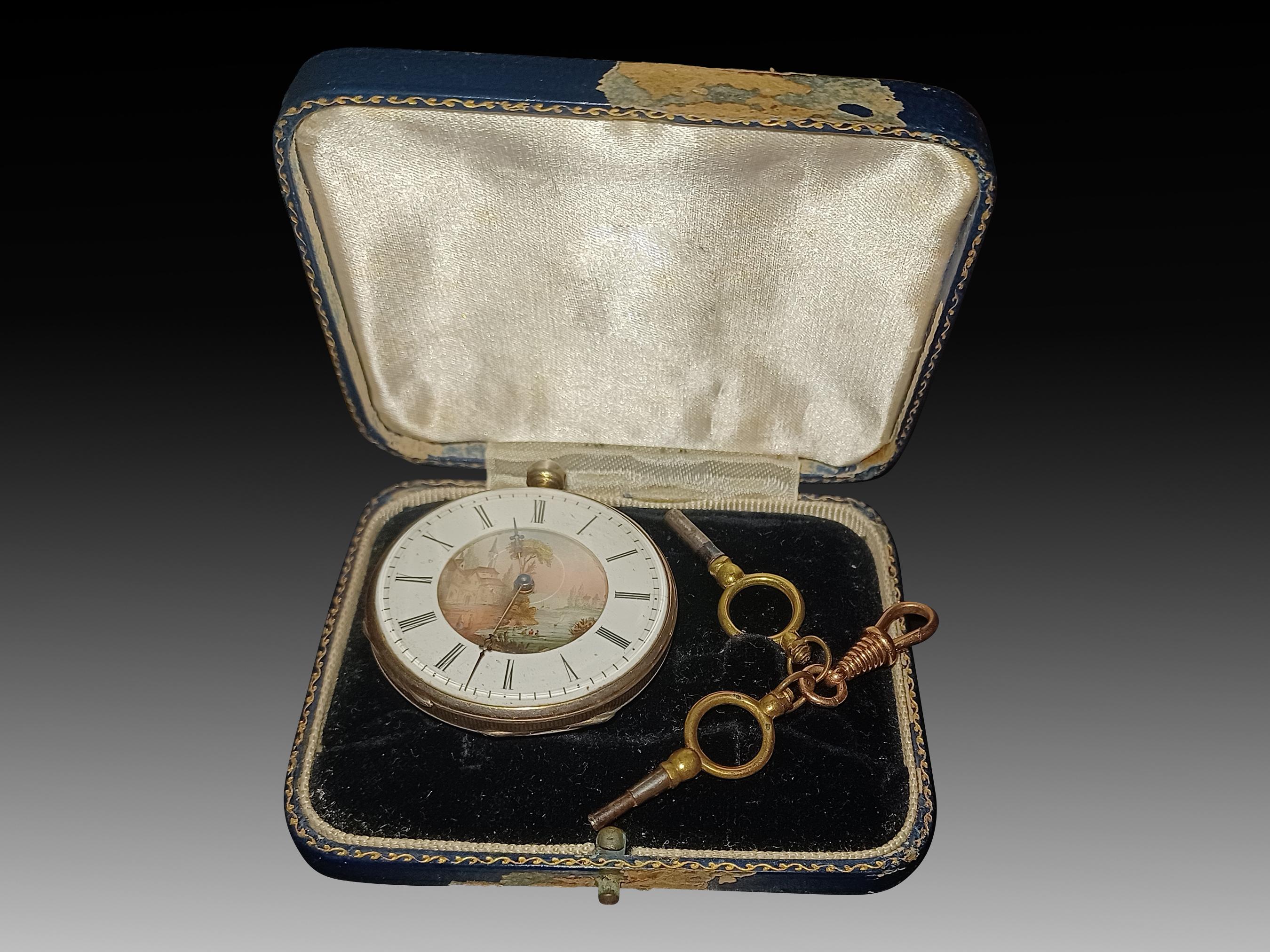 Rare Antique Pocket Key Watch French 1800s with Painted Enamel Dial In Good Condition For Sale In London, GB