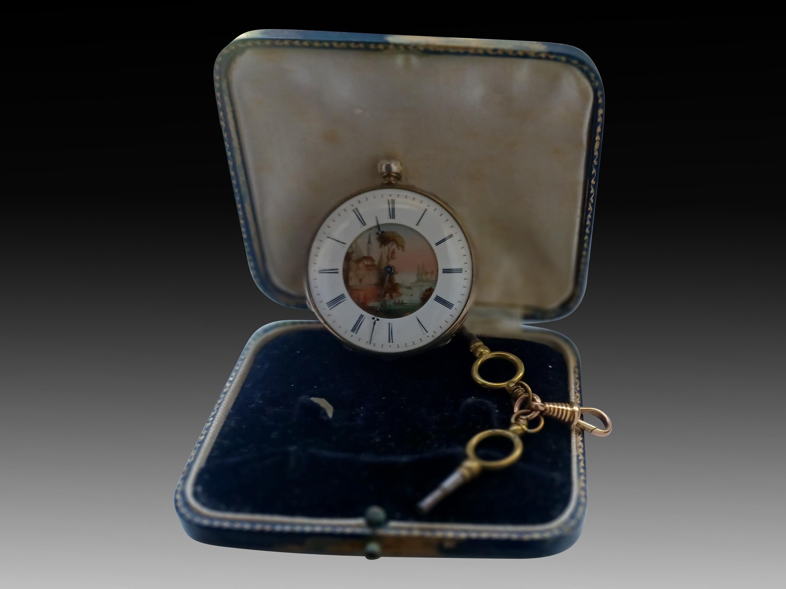 Men's Rare Antique Pocket Key Watch French 1800s with Painted Enamel Dial For Sale