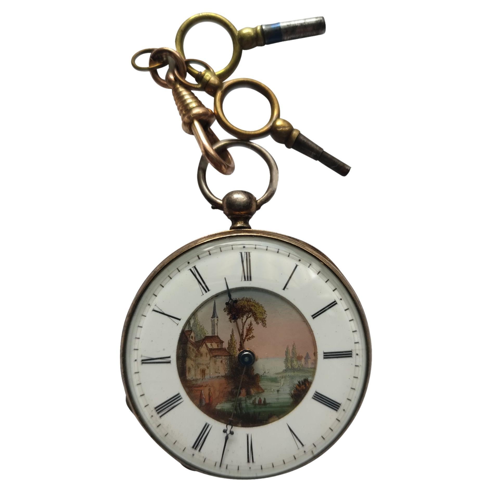 Rare Antique Pocket Key Watch French 1800s with Painted Enamel Dial For Sale