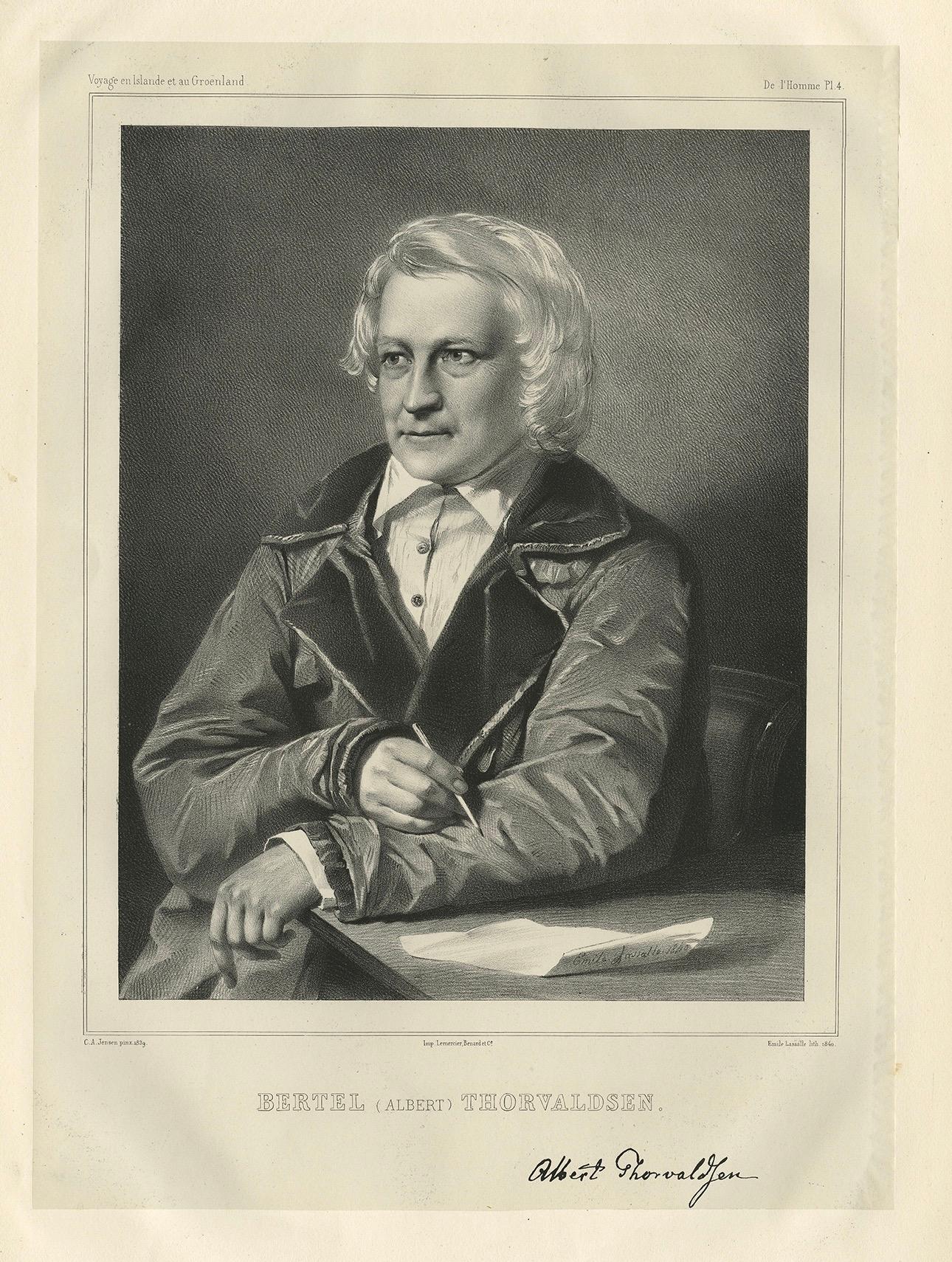 Paper Rare Antique Portrait of Bertel Thorvaldsen – Danish Neoclassical Sculptor, 1842 For Sale