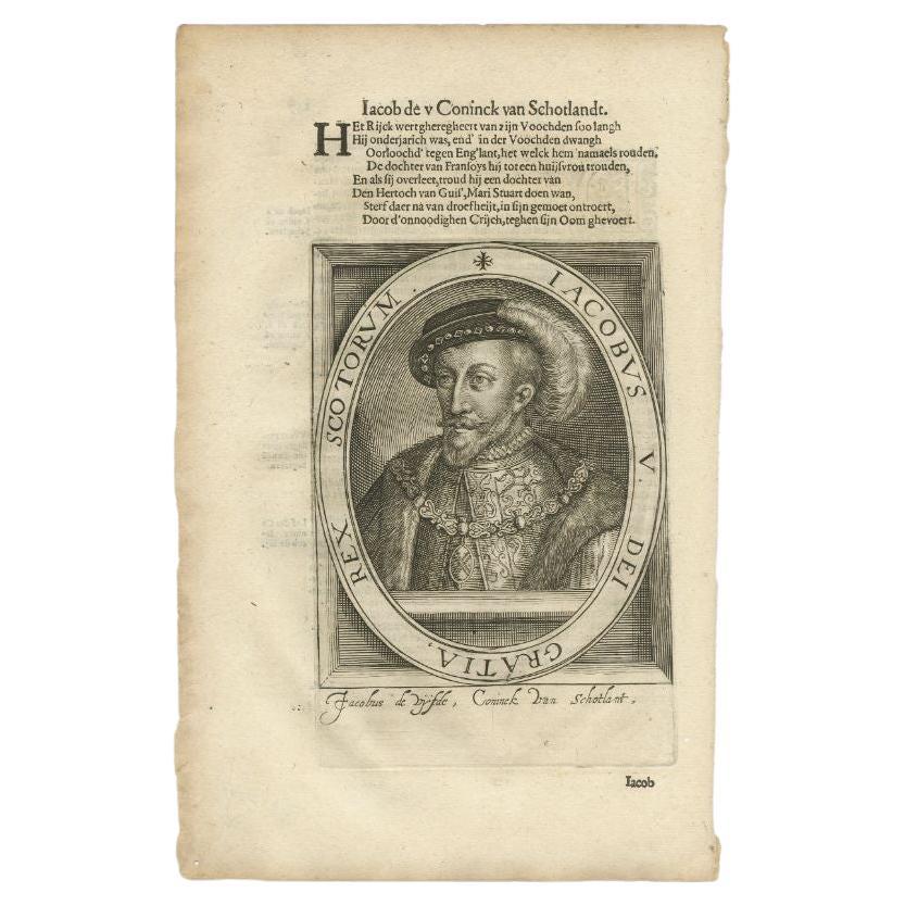 Antique portrait titled 'Iacobus V'. Portrait of James V of Scotland. This print originates from 'Tooneel der keyseren ende coningen van christenryck sedert den onderganck van het Griecks keyserdom vervatende hare beeltnissen afcomsten ende