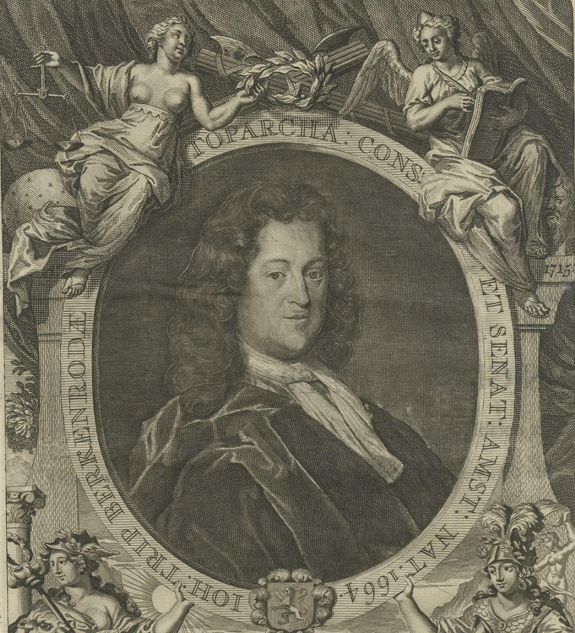 Paper Rare Antique Portrait of Jan Trip, Mayor of Amsterdam, 1721 For Sale