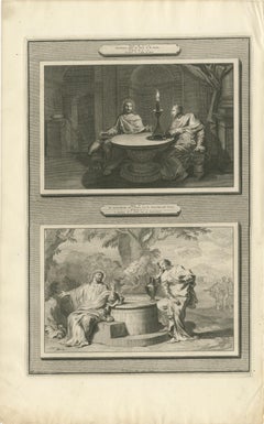 Rare Antique Print – Christ with Nicodemus & Samaritan Woman at the Well, c.1700