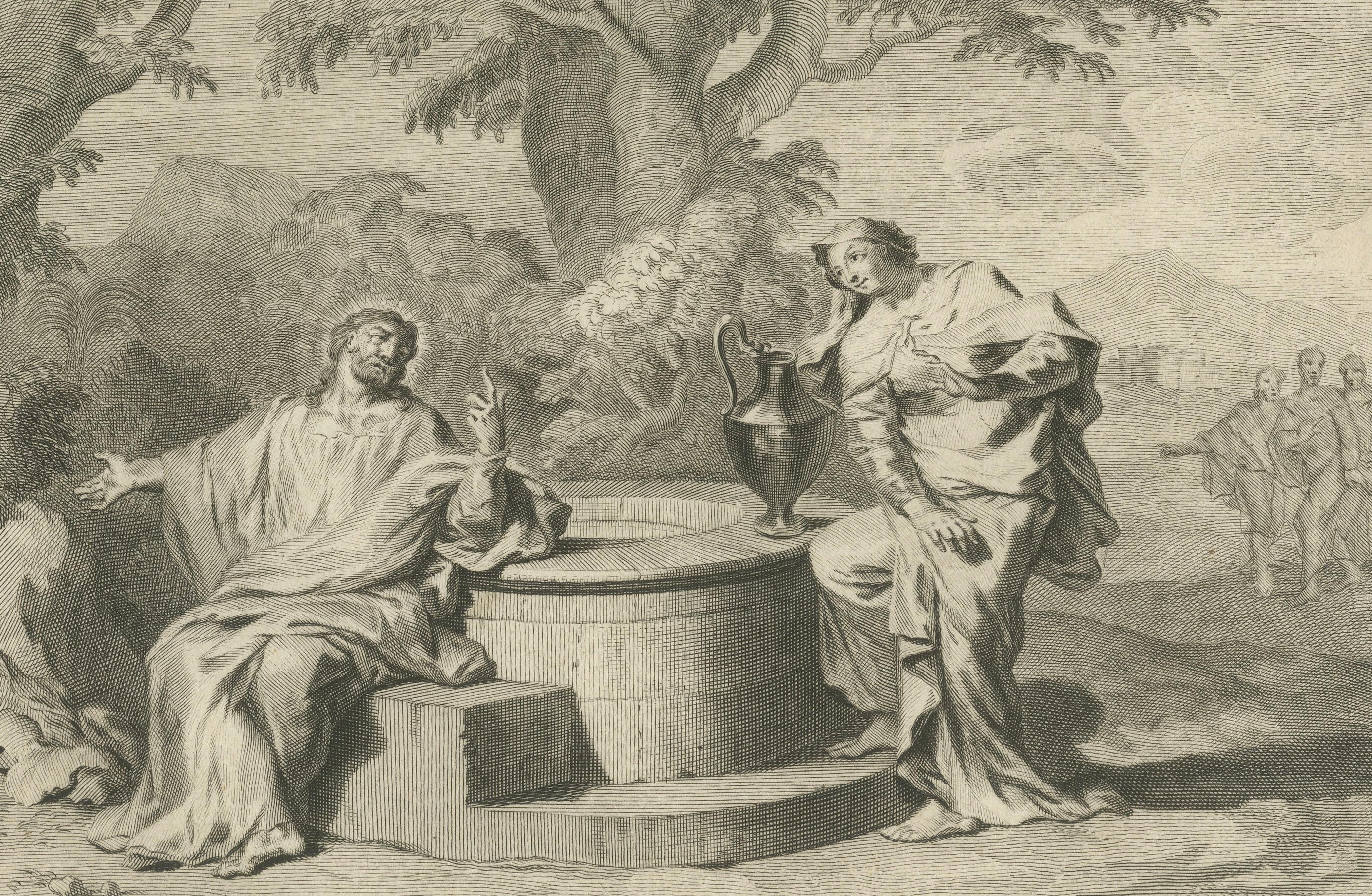 Néerlandais Rare estampe ancienne - Le Christ avec Nicodème et la Samaritaine au puits, c.1700 en vente