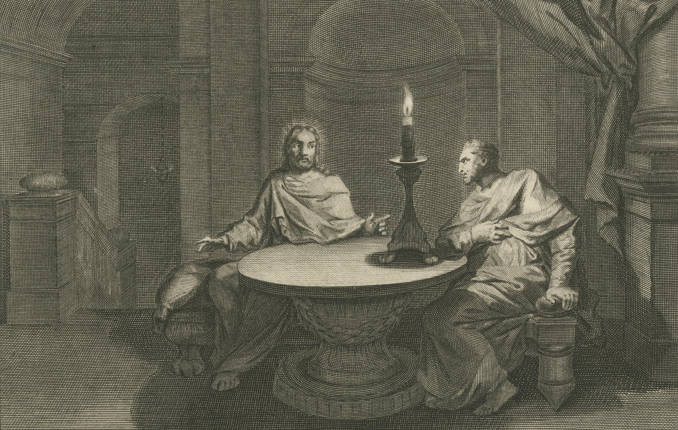 Gravé Rare estampe ancienne - Le Christ avec Nicodème et la Samaritaine au puits, c.1700 en vente