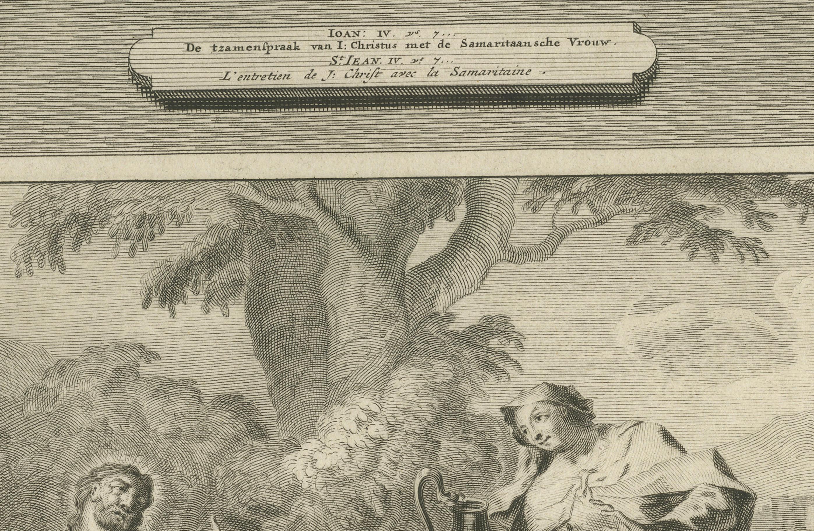 Rare estampe ancienne - Le Christ avec Nicodème et la Samaritaine au puits, c.1700 Bon état - En vente à Langweer, NL