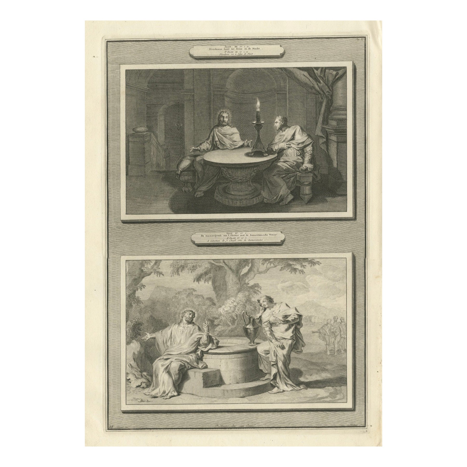 Rare estampe ancienne - Le Christ avec Nicodème et la Samaritaine au puits, c.1700 en vente