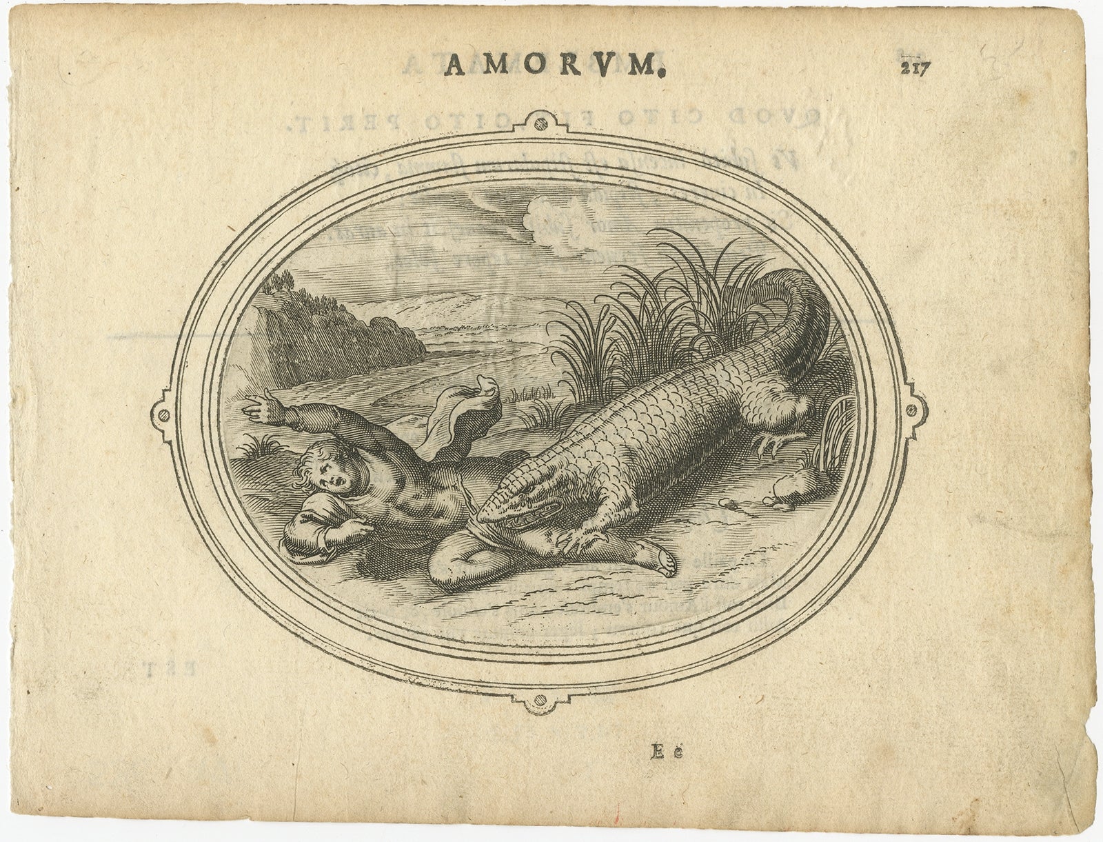 Antique print of Cupid and a crocodile. 

This print originates from 'Amorum Emblemata', this work includes engravings of Cupids encountering the various trials of Love. The emblematic illustrations include verses in Latin, Dutch and French. The
