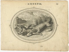 Rare Antique Print of A Cupid being Eaten by A Crocodile, ca. 1608