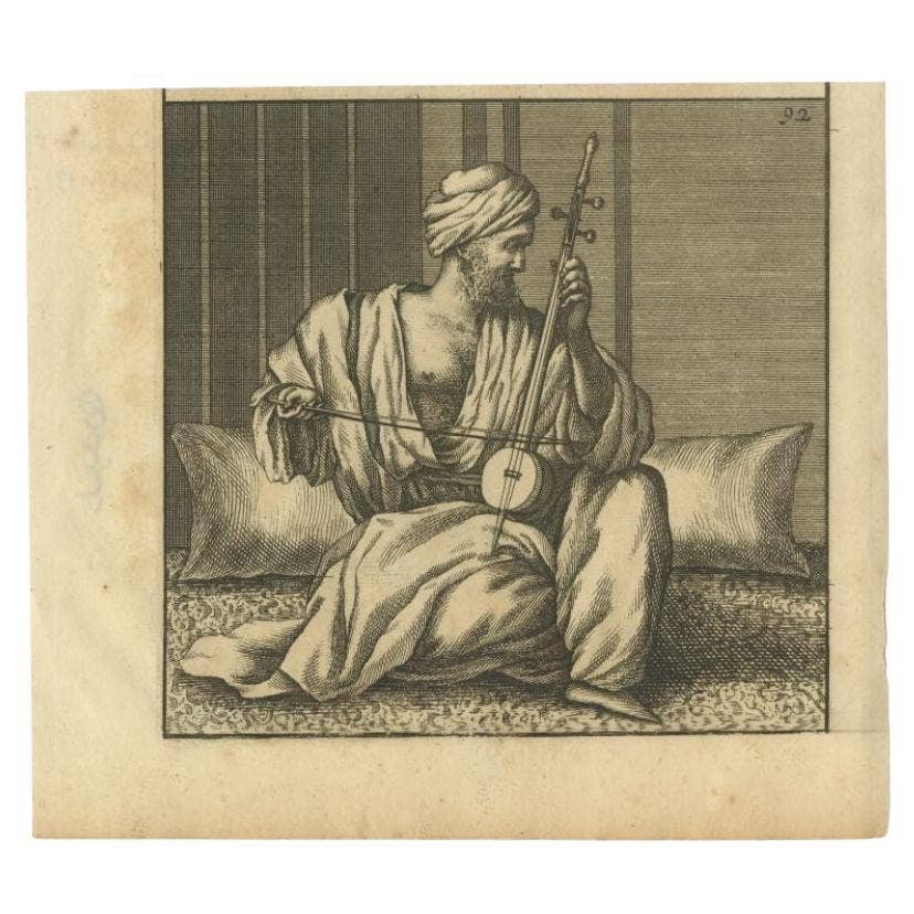 Rare Antique Print of an Arabian Man Playing a Violin or Kamanche in Cairo, 1698