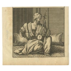 Rare Antique Print of an Arabian Man Playing a Violin or Kamanche in Cairo, 1698