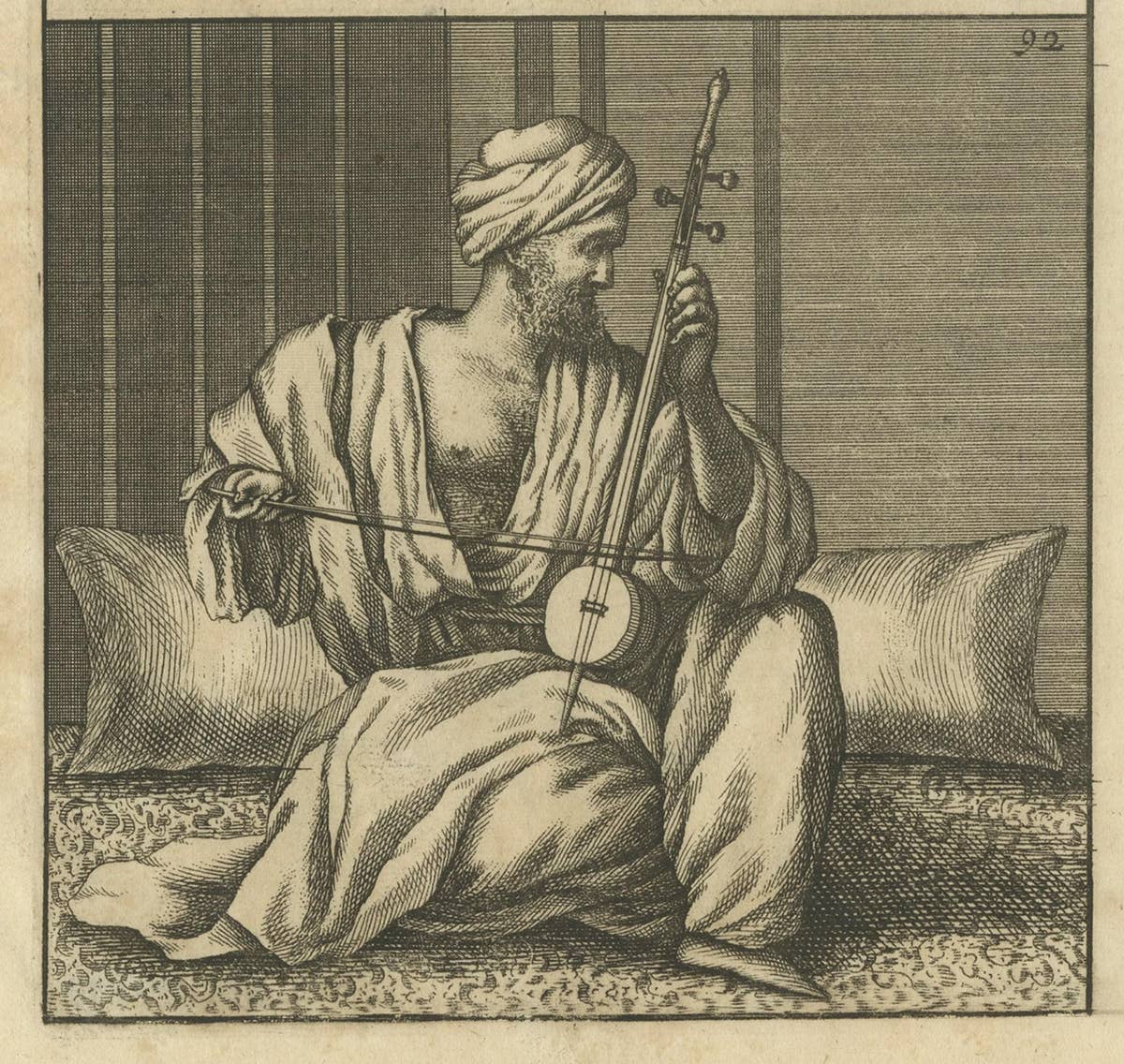 Rare Antique Print of an Arabian Man Playing a Violin or Kamanche in Cairo, 1698