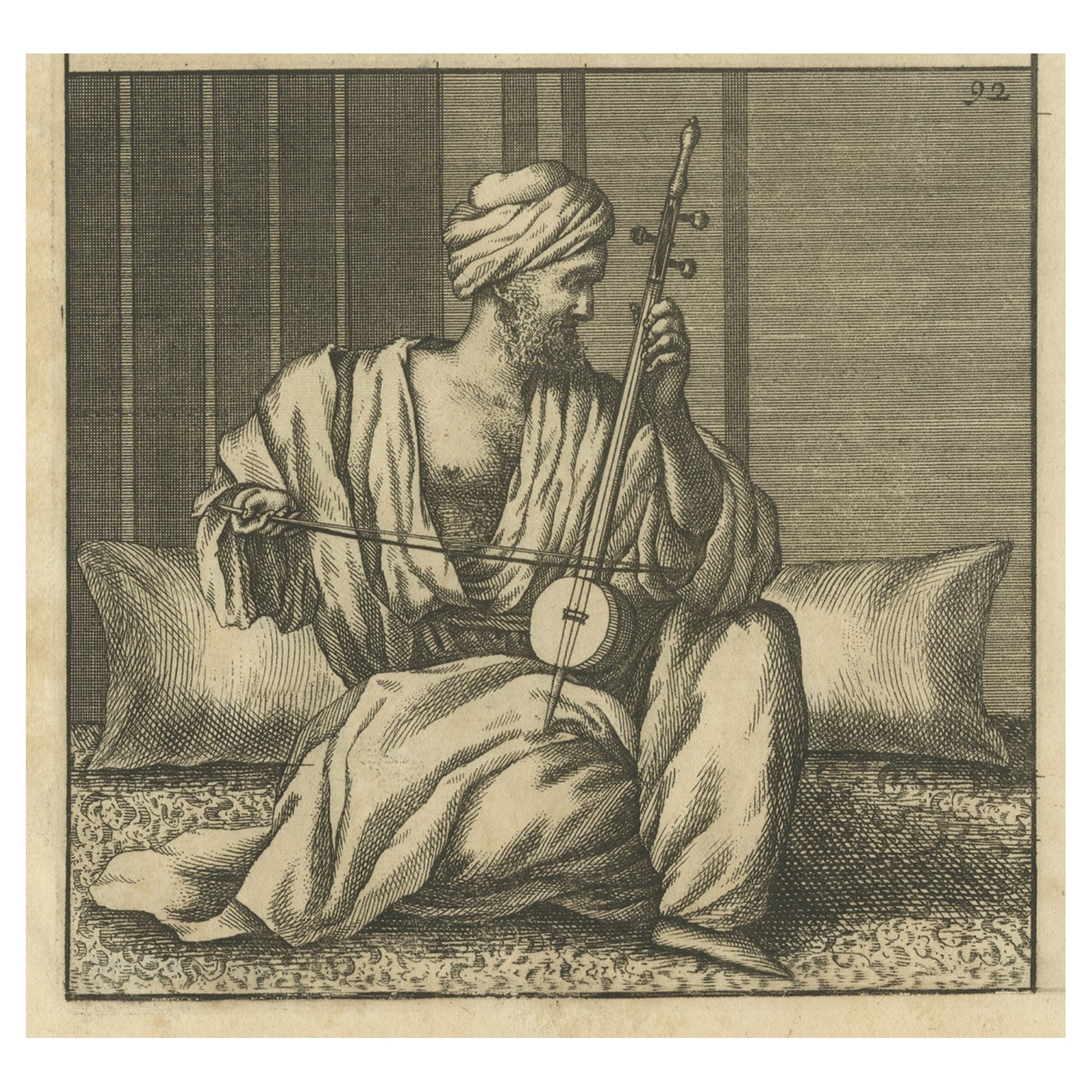 Rara stampa antica di un uomo arabo che suona un violino o un kamanche al Cairo, 1698