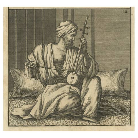 Rare Antique Print of an Arabian Man Playing a Violin or Kamanche in Cairo, 1698
