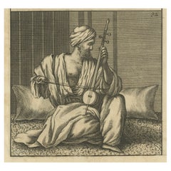 Seltener antiker Druck eines arabischen Mannes, der eine Violine oder eine Kamanche in Kairo spielt, 1698
