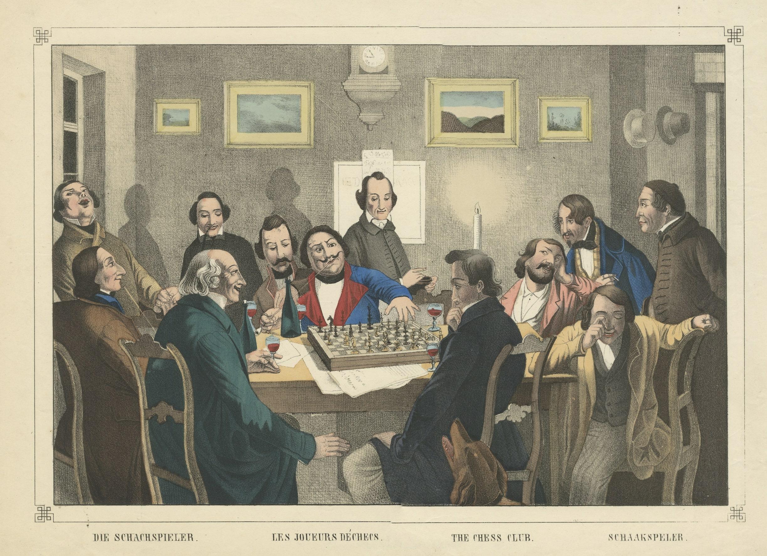 Antique print titled 'Die Schachspieler - Les Joueurs Déchecs - The Chess Club - Schaakspeler'. Original antique print of a chess game. Lithograph after Johann Peter Hasenclever, published circa 1860.
