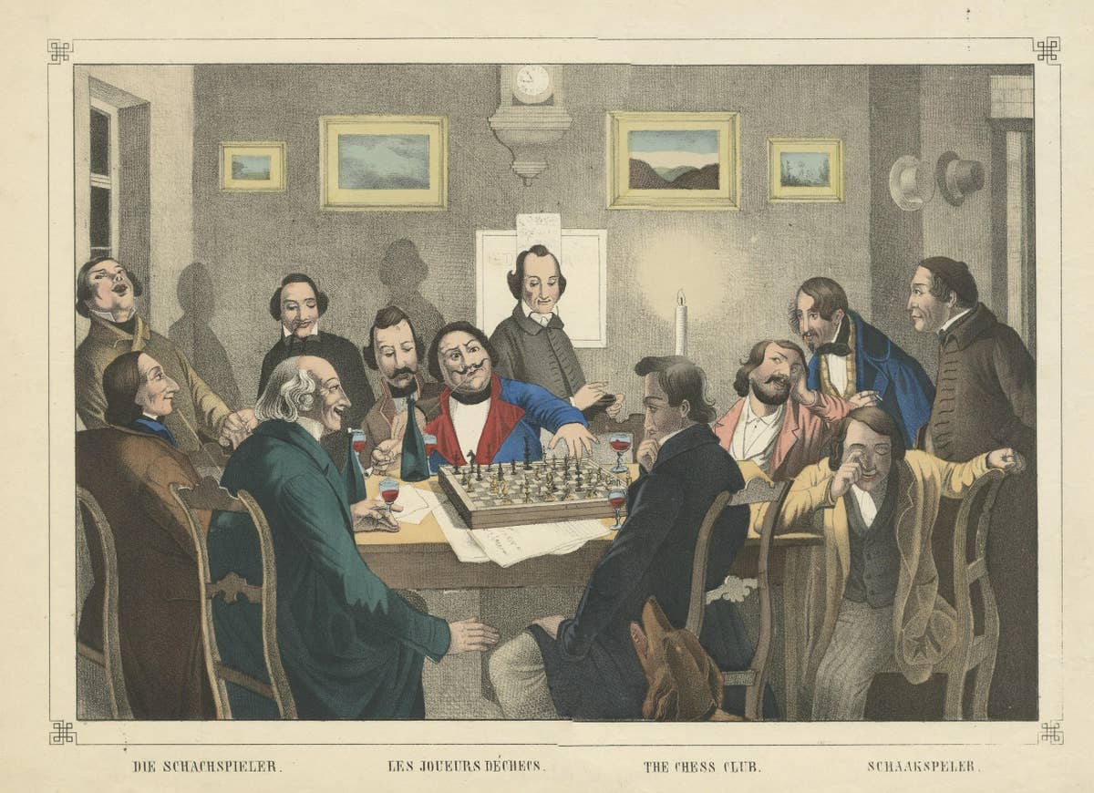 Rare Antique Print of Gentleman Playing a Tense Game of Chess by Candlelight