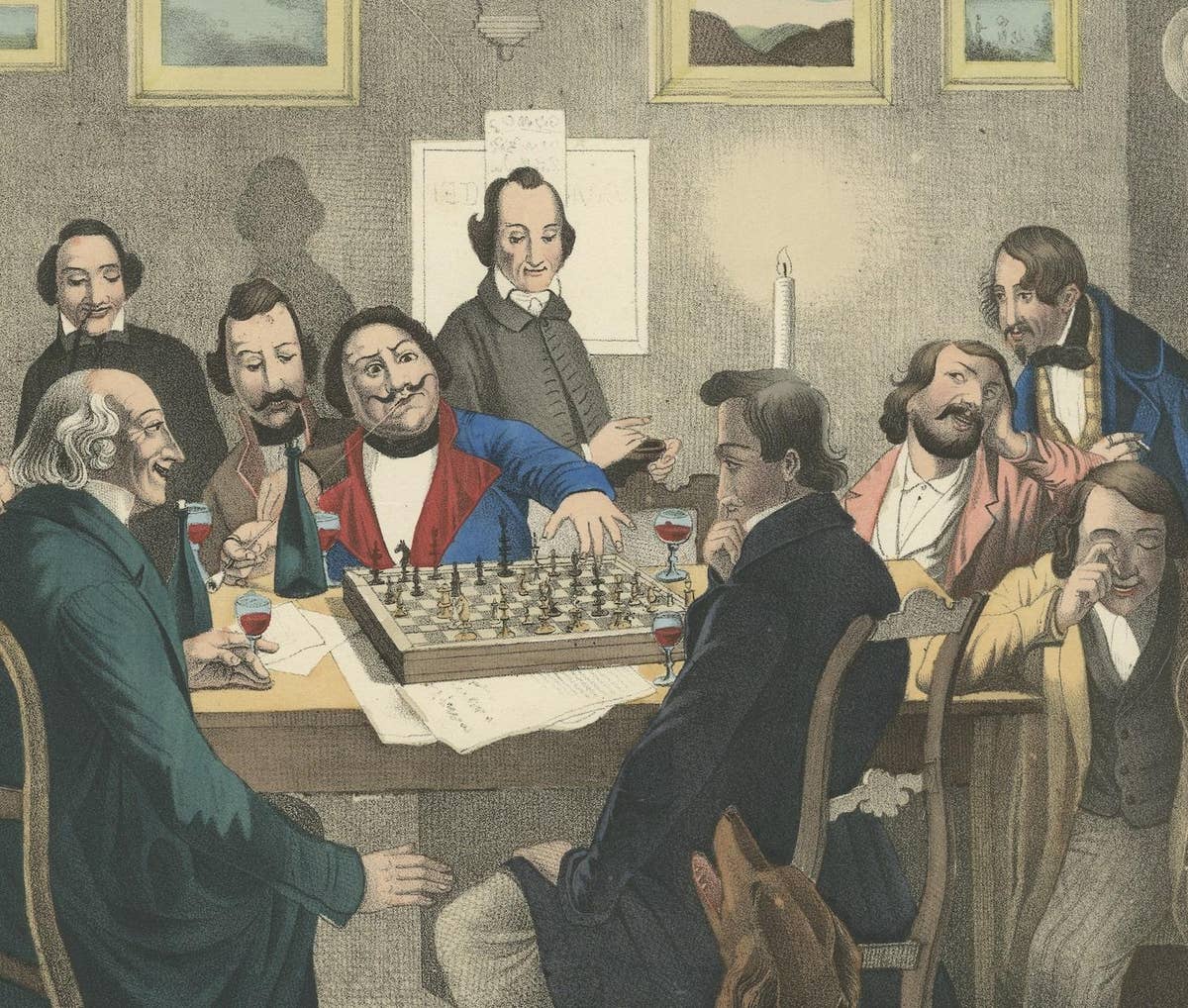 Rare Antique Print of Gentleman Playing a Tense Game of Chess by Candlelight
