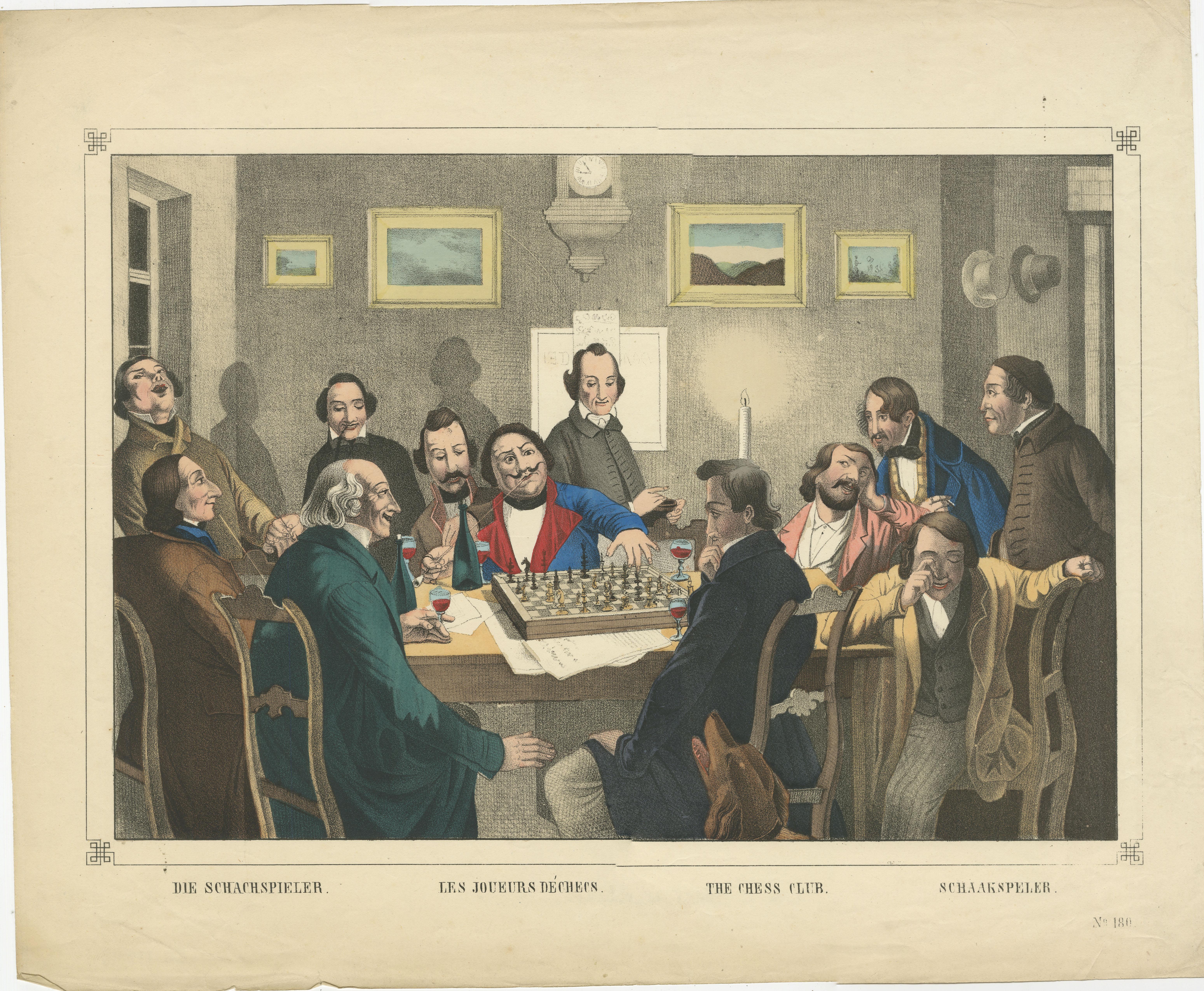 Rare Antique Print of Gentleman Playing a Tense Game of Chess by Candlelight In Good Condition For Sale In Langweer, NL