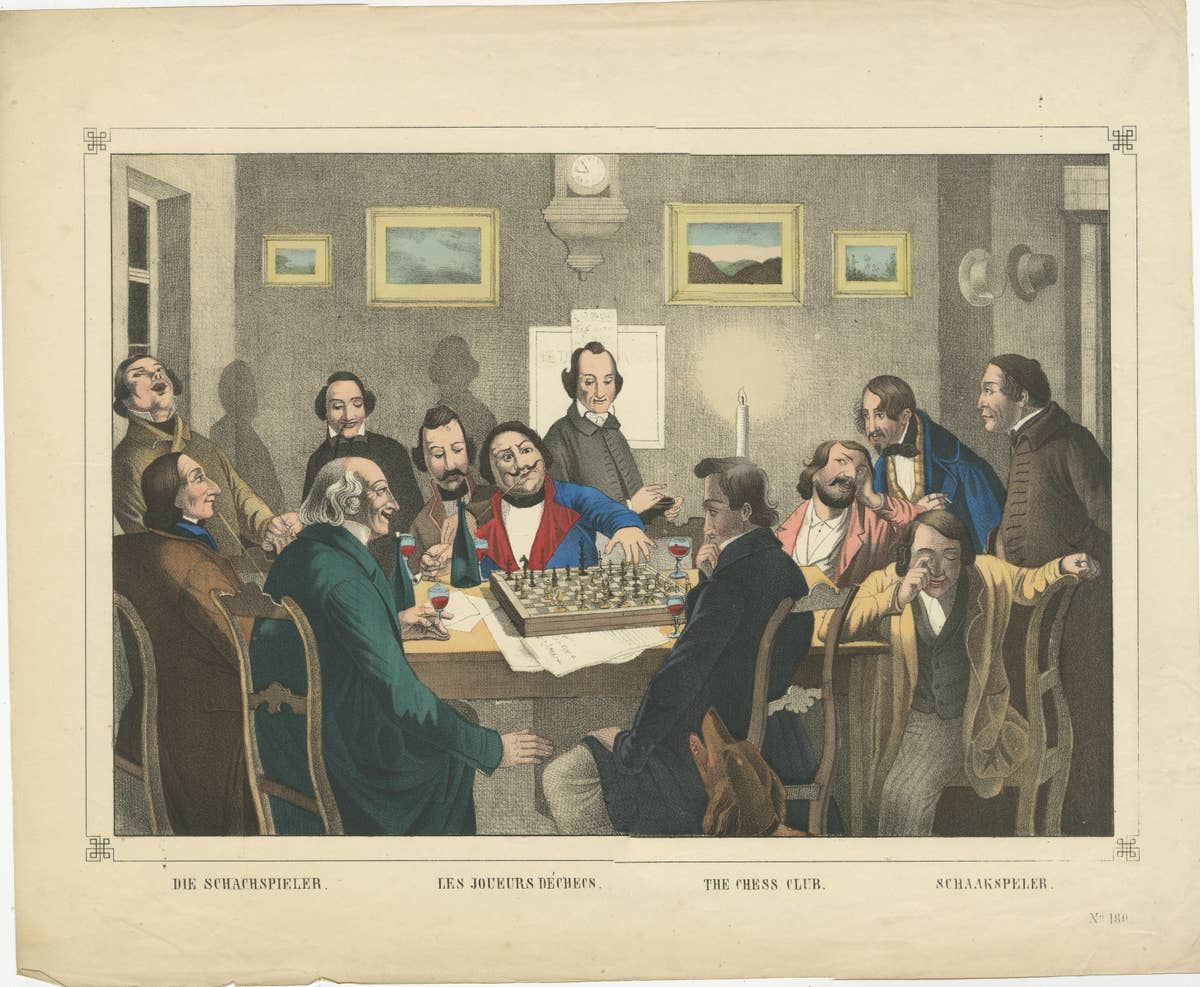 Rare Antique Print of Gentleman Playing a Tense Game of Chess by Candlelight