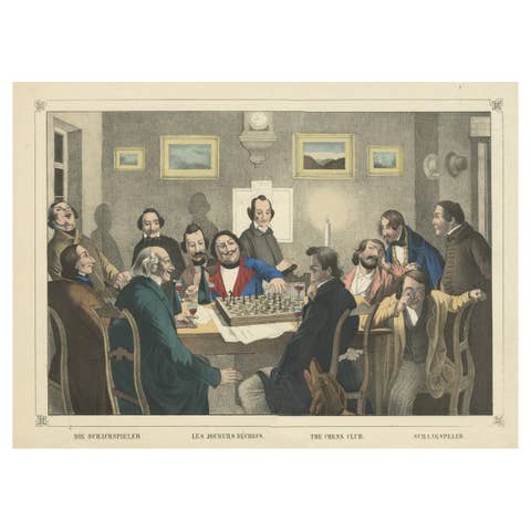 Rare Antique Print of Gentleman Playing a Tense Game of Chess by Candlelight