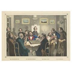 Rare Antique Print of Gentleman Playing a Tense Game of Chess by Candlelight