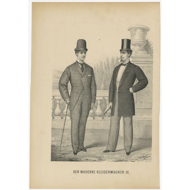 Antique costume print titled 'Der Moderne Kleidermacher IX'. Old fashion print of two men wearing various outfits including long jackets/coats and hats.

Artists and Engravers: Anonymous.

Condition: Good, general age-related toning. Minor wear,