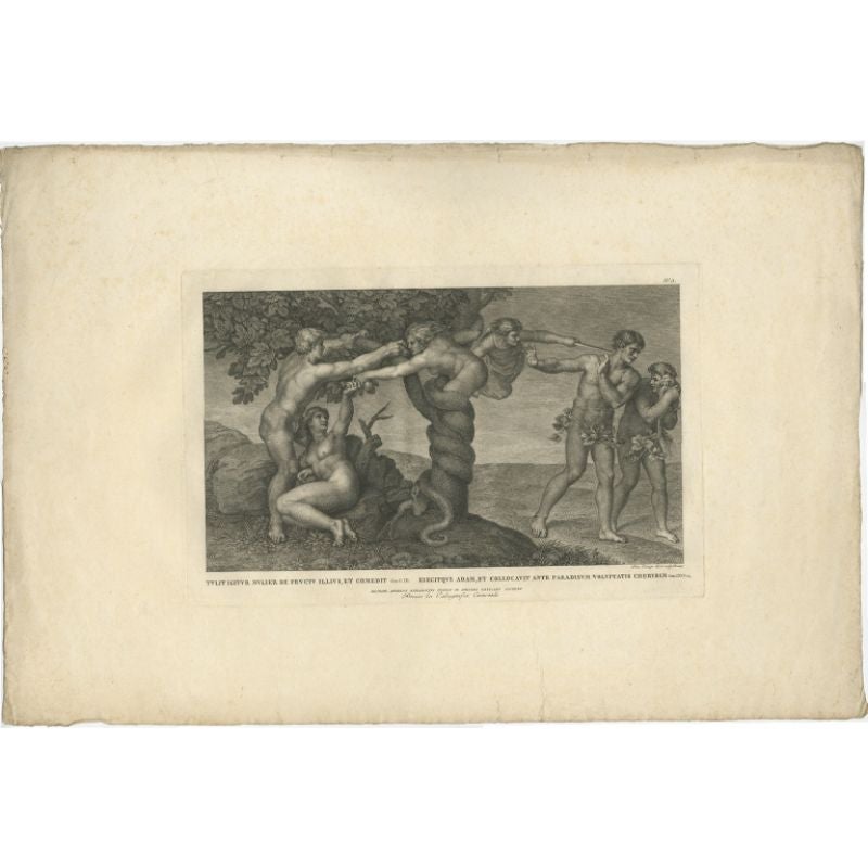 Antique print religion titled 'Tulit Igitur Mulier de Fructu Illius, et Comedit (..)'. This print depicts Temptation and Expulsion. Originates from 'Frescoes in the Sistine Chapel'.

Artists and Engravers: Engraved by Domenico Cunego after