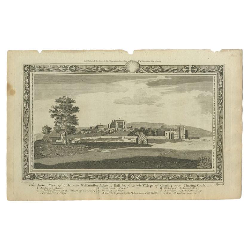 Antique print titled 'An ancient View of St. James's (..)'. Old print of Westminster, the old Westminster Abbey in the centre, with St James's Palace on the right.

Westminster Abbey, formally titled the Collegiate Church of Saint Peter at