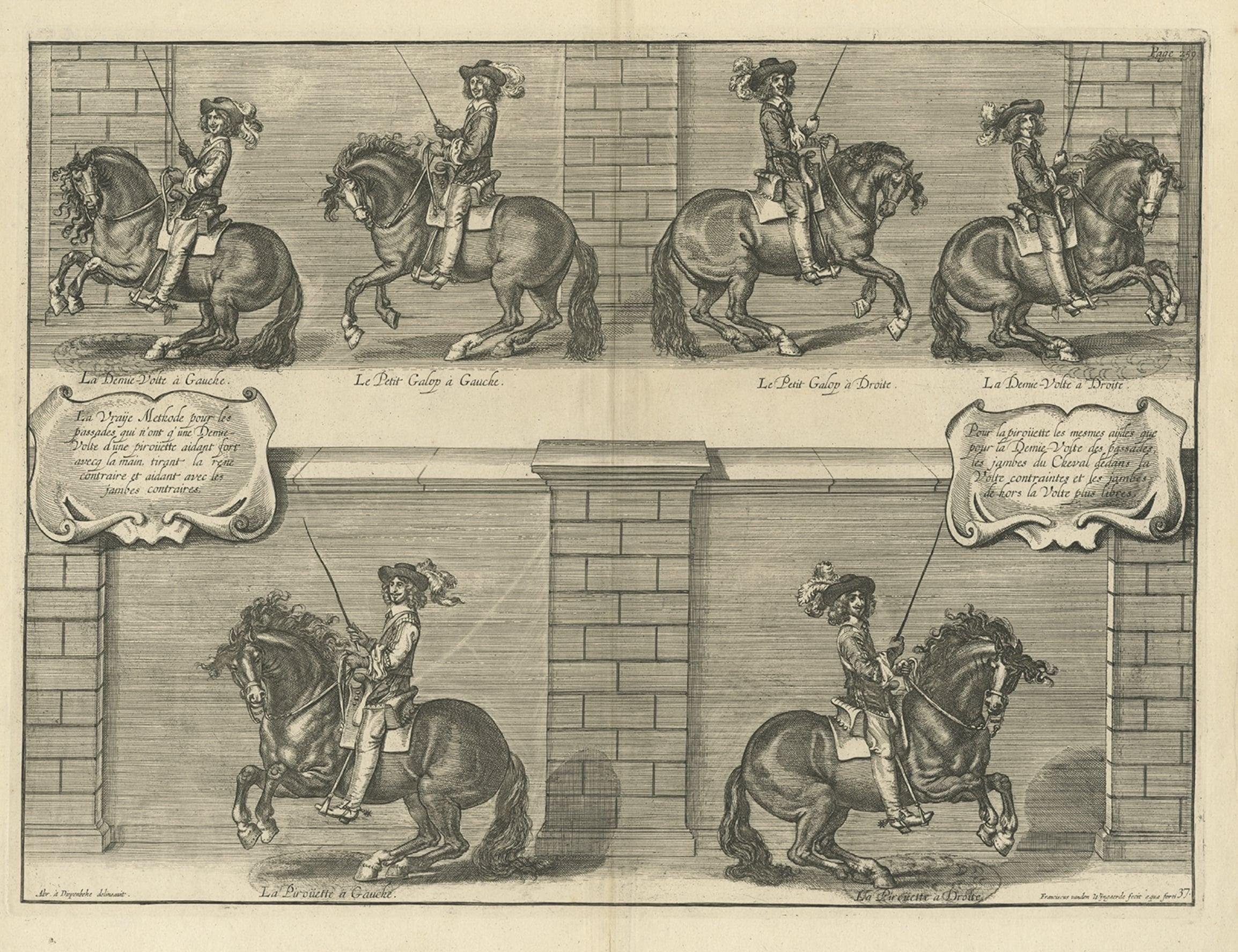 Raro grabado antiguo sobre la doma de caballos a principios del siglo XVIII, ca.1740 en Bueno estado para la venta en Langweer, NL