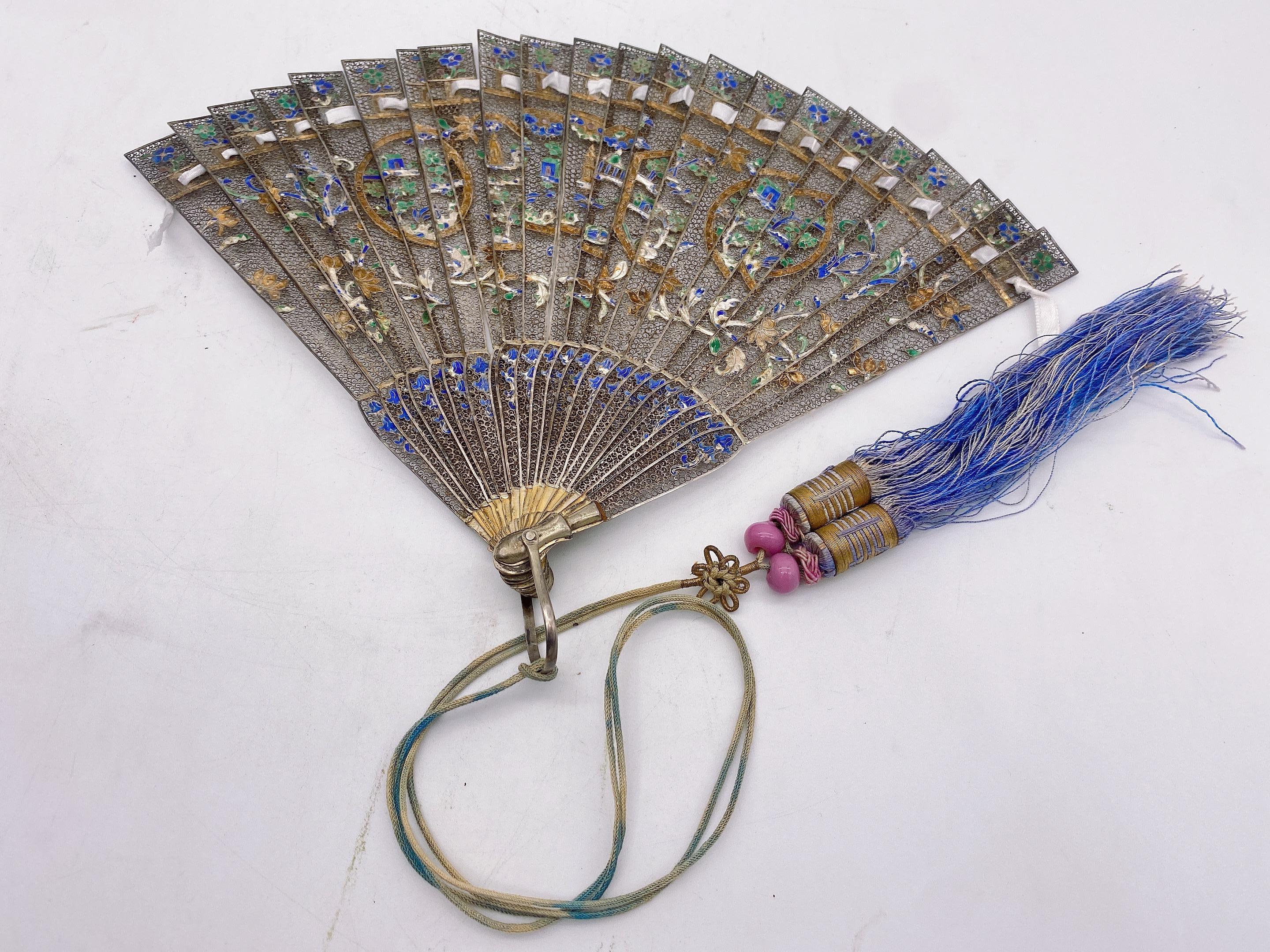 Rare Antique  Qing Dynasty Chinese Gilt Silver Filigree And Enamel Brise Fan For Sale 2