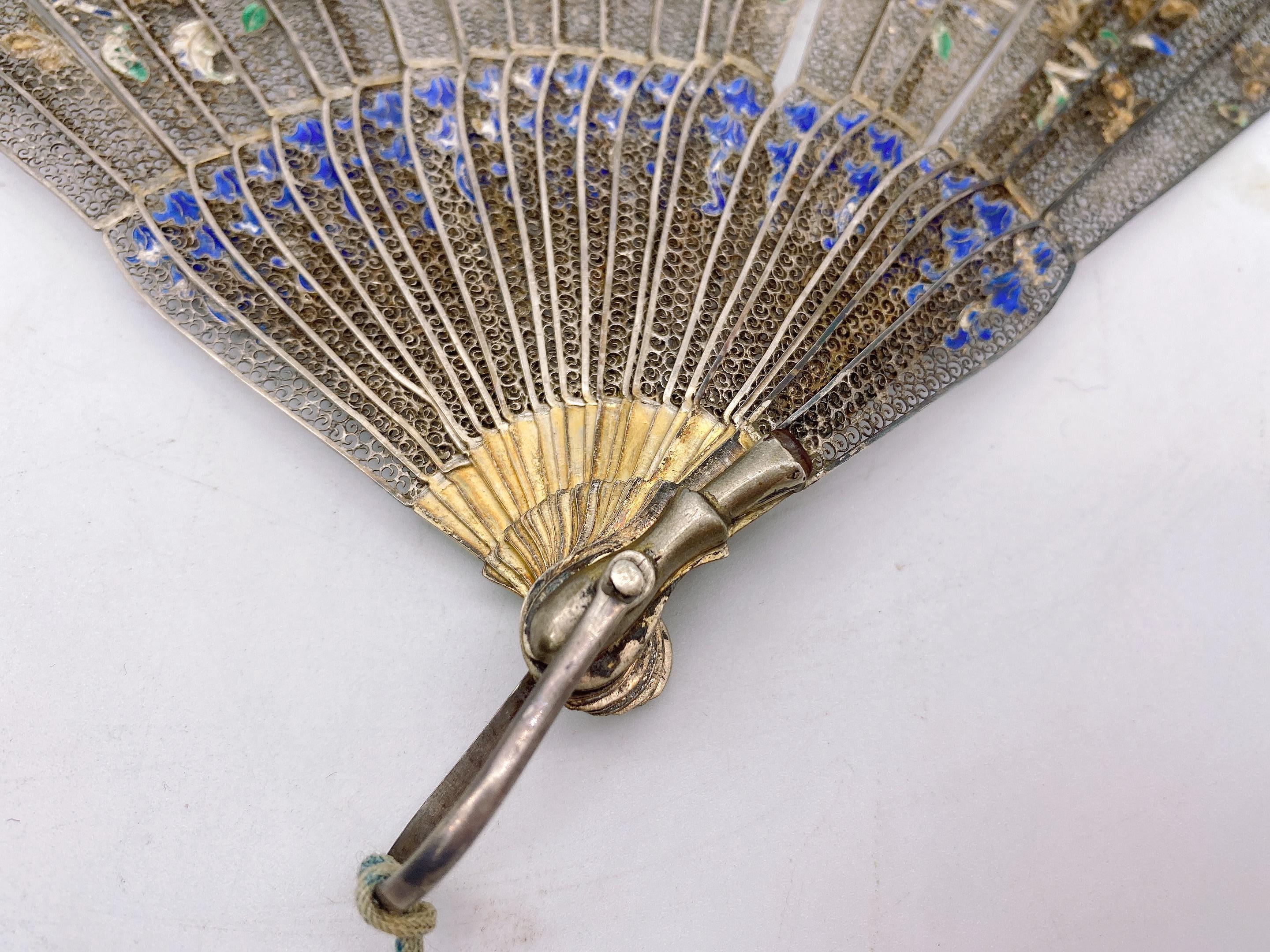 Rare Antique  Qing Dynasty Chinese Gilt Silver Filigree And Enamel Brise Fan For Sale 3