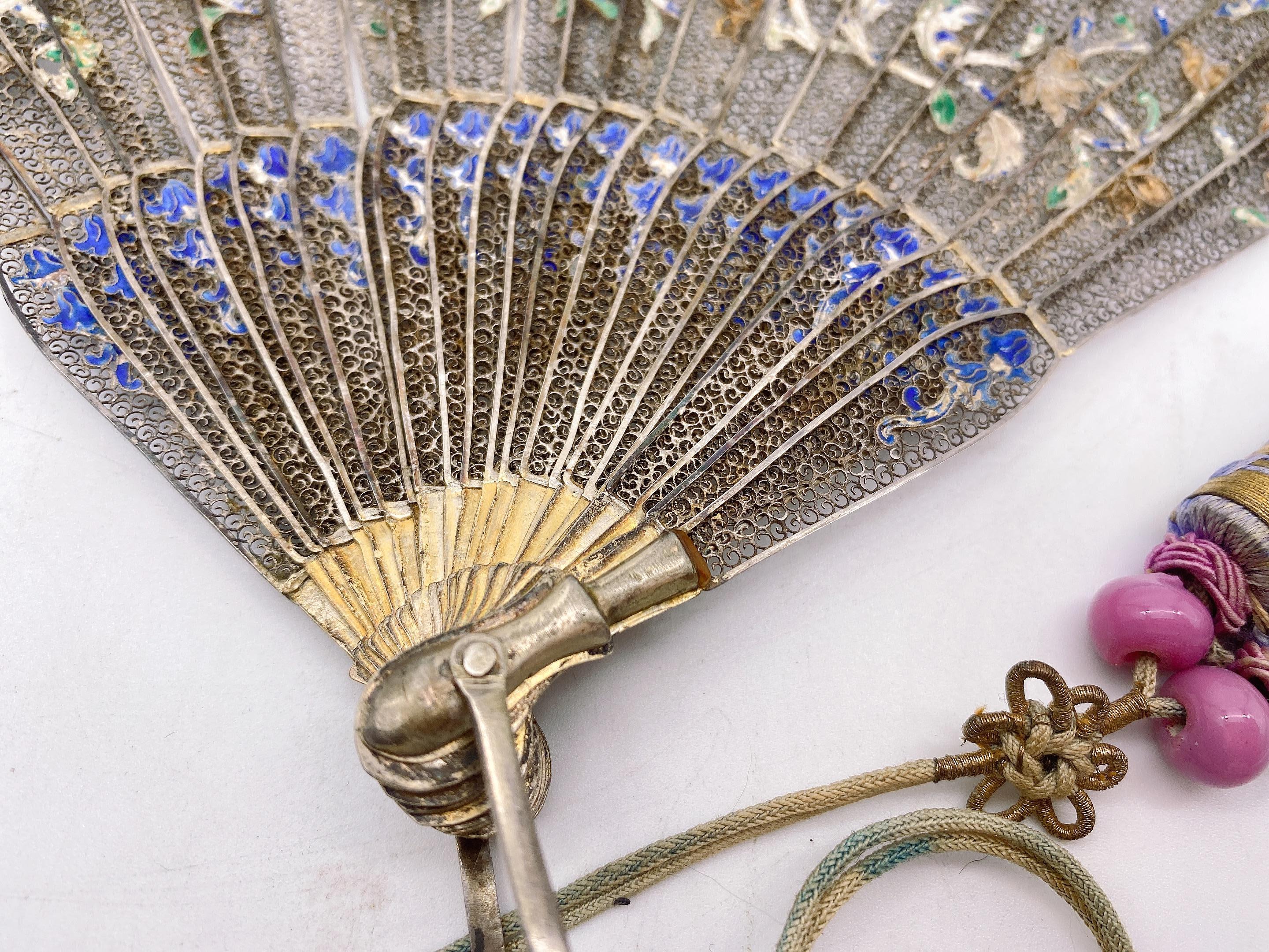 Rare Antique  Qing Dynasty Chinese Gilt Silver Filigree And Enamel Brise Fan For Sale 9