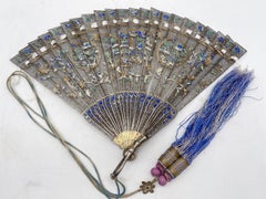 Rare Antique  Qing Dynasty Chinese Gilt Silver Filigree And Enamel Brise Fan