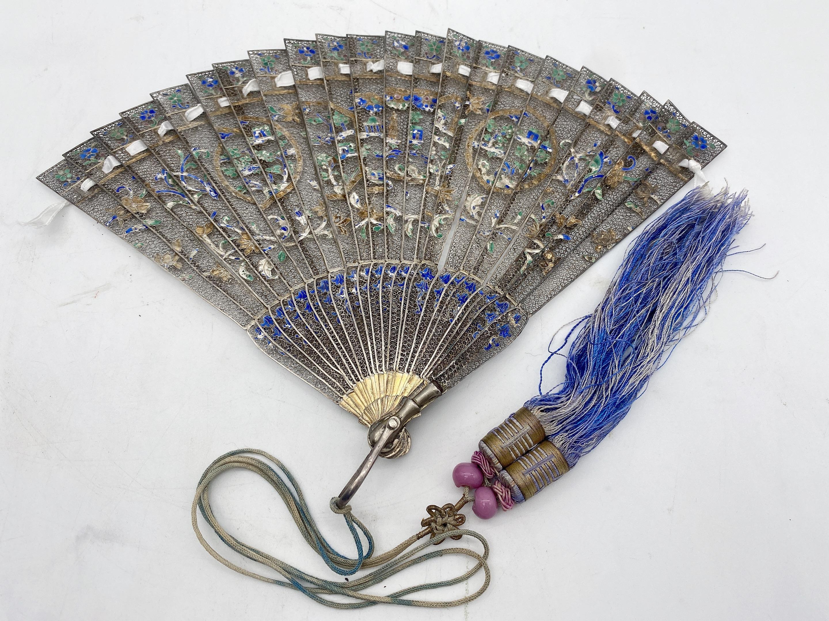 Hand-Carved Rare Antique  Qing Dynasty Chinese Gilt Silver Filigree And Enamel Brise Fan For Sale