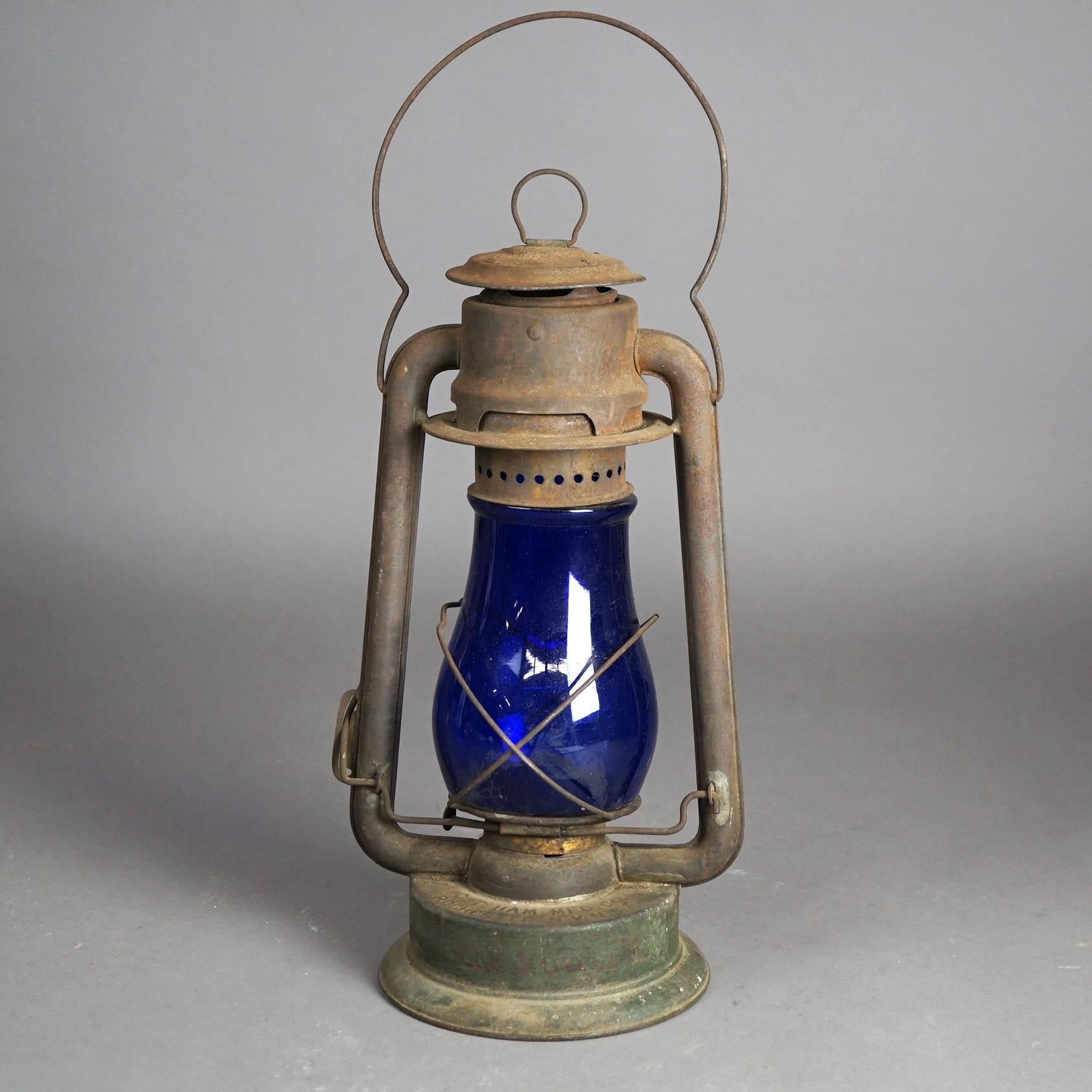 Antique and Rare Railroad Lantern with Cobalt Glass Signed CT Ham Manufacturing Rochester, NY C1900.

Measures - 16.5