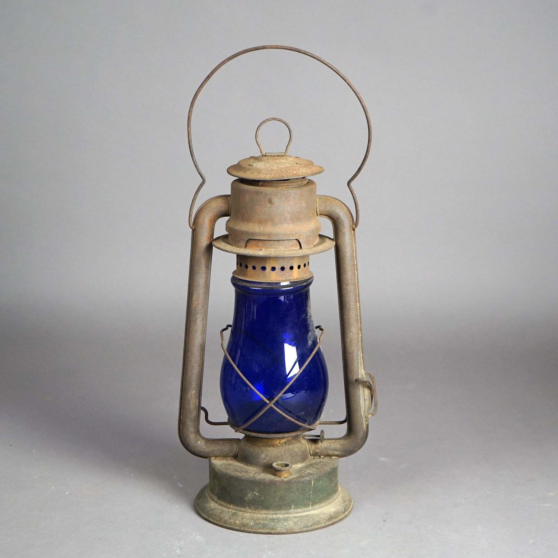 American Rare Antique Railroad Lantern & CT Ham Mfg Rochester, NY Cobalt Blue Glass c1900