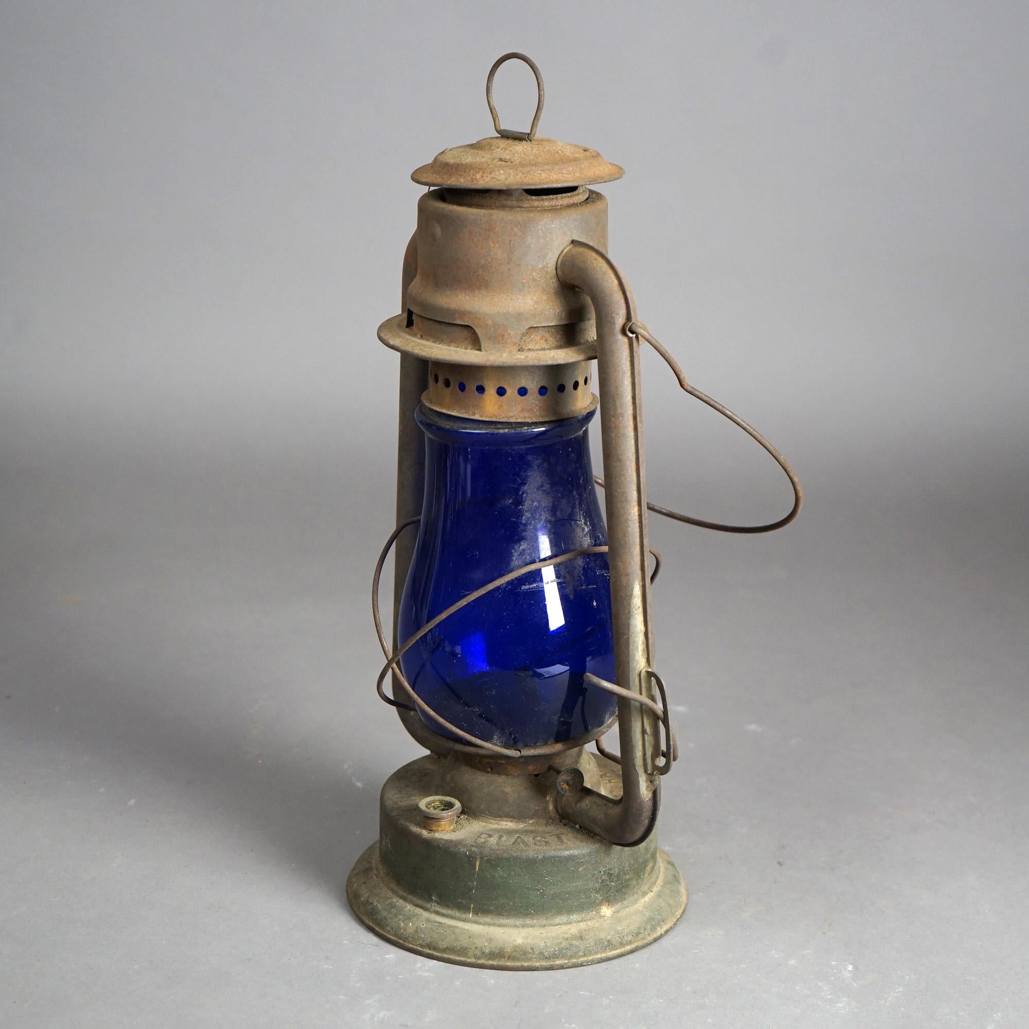 20th Century Rare Antique Railroad Lantern & CT Ham Mfg Rochester, NY Cobalt Blue Glass c1900