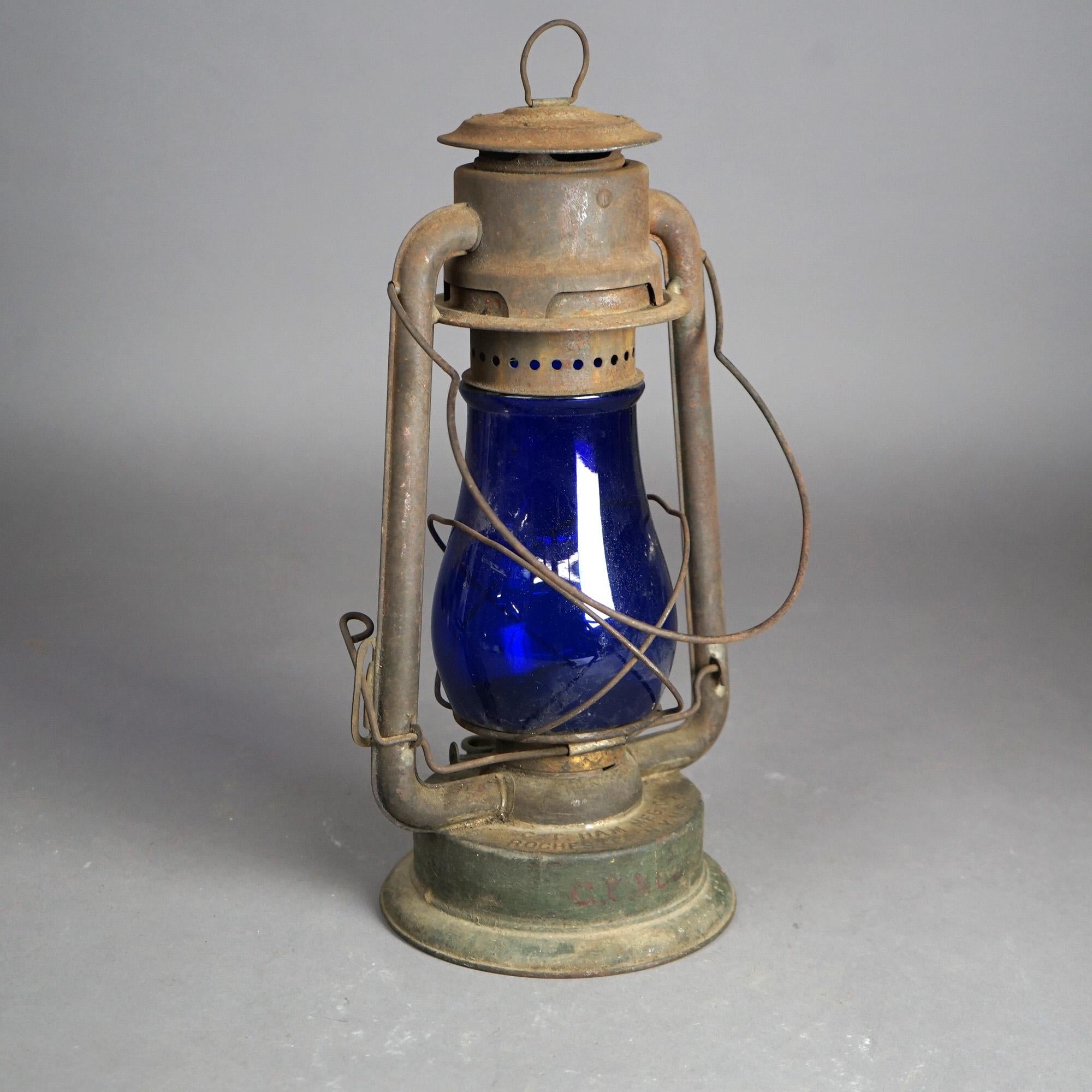 Metal Rare Antique Railroad Lantern & CT Ham Mfg Rochester, NY Cobalt Blue Glass c1900