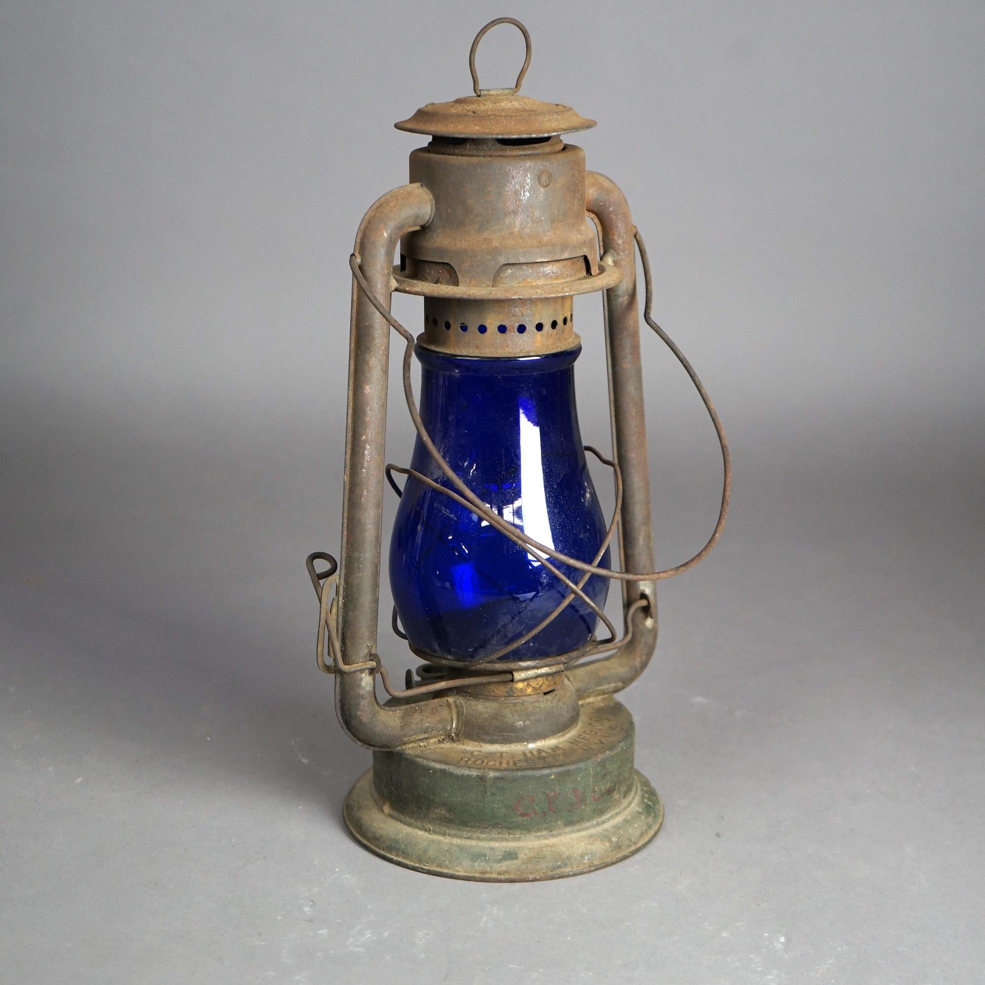 20th Century Rare Antique Railroad Lantern & CT Ham Mfg Rochester, NY Cobalt Blue Glass c1900