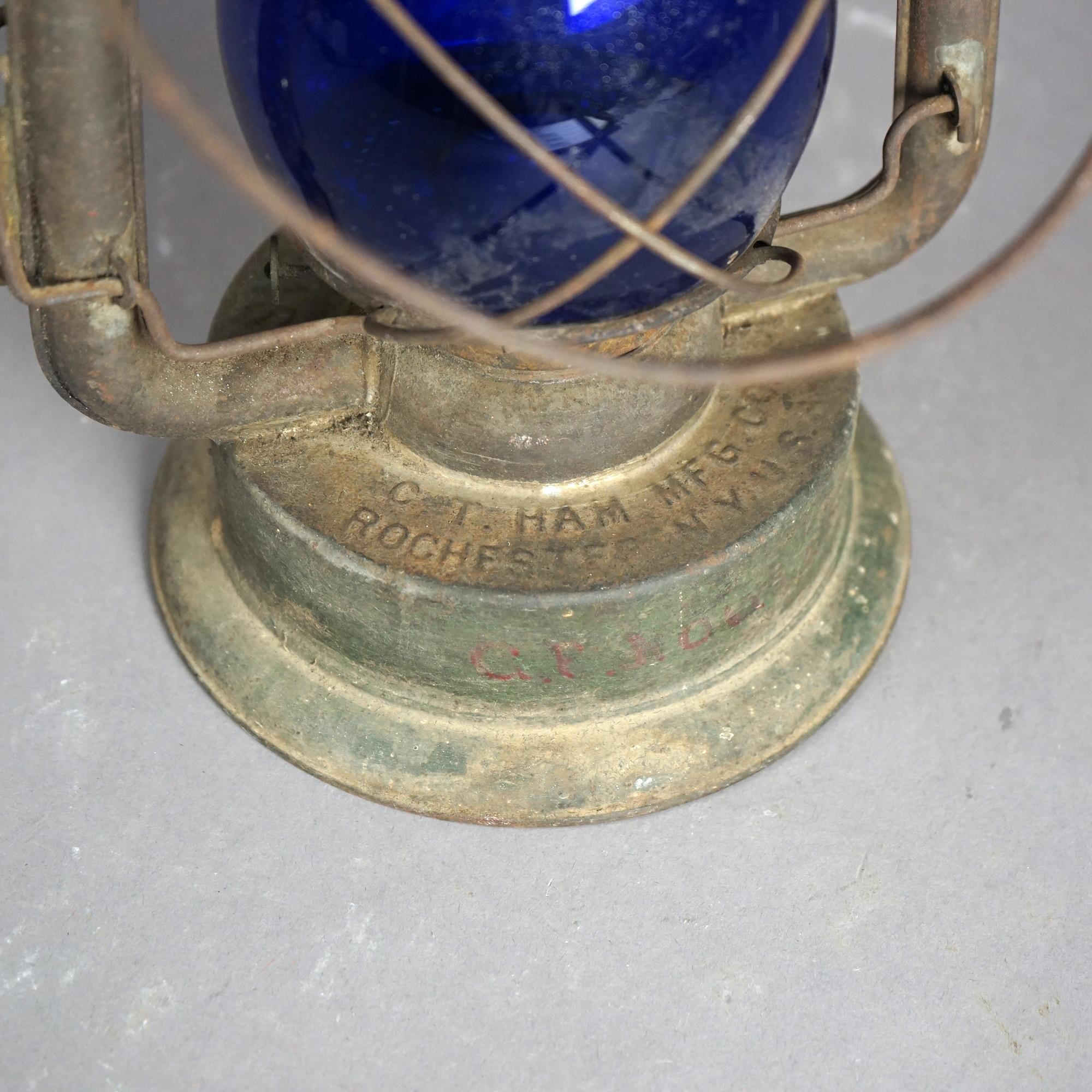 Rare Antique Railroad Lantern & CT Ham Mfg Rochester, NY Cobalt Blue Glass c1900 1
