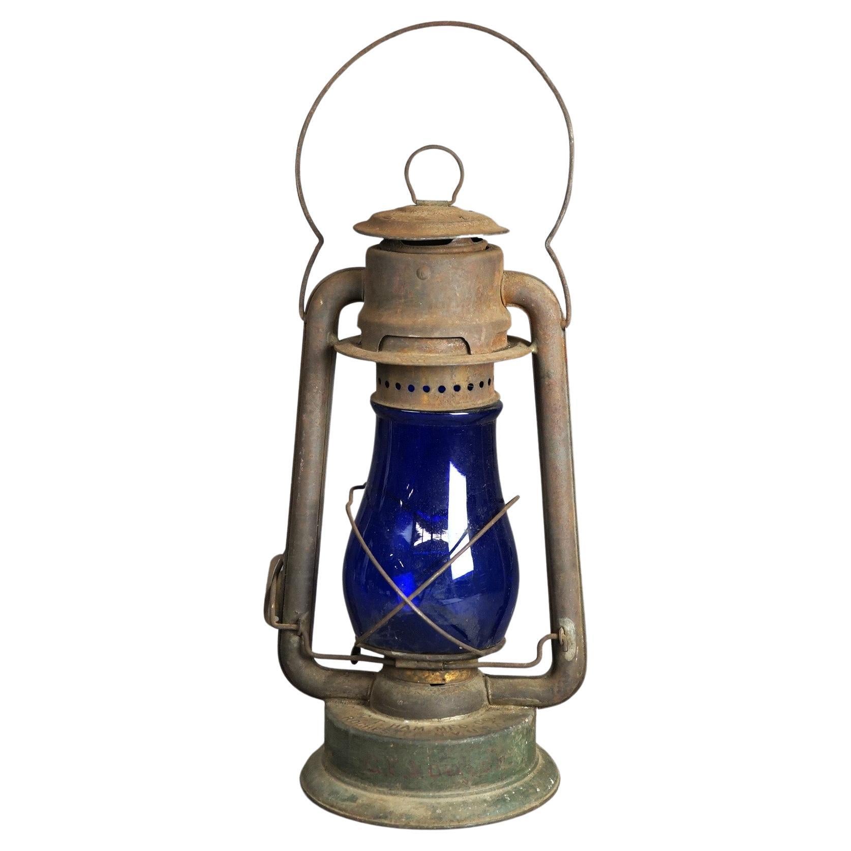 Rare Antique Railroad Lantern & CT Ham Mfg Rochester, NY Cobalt Blue Glass c1900