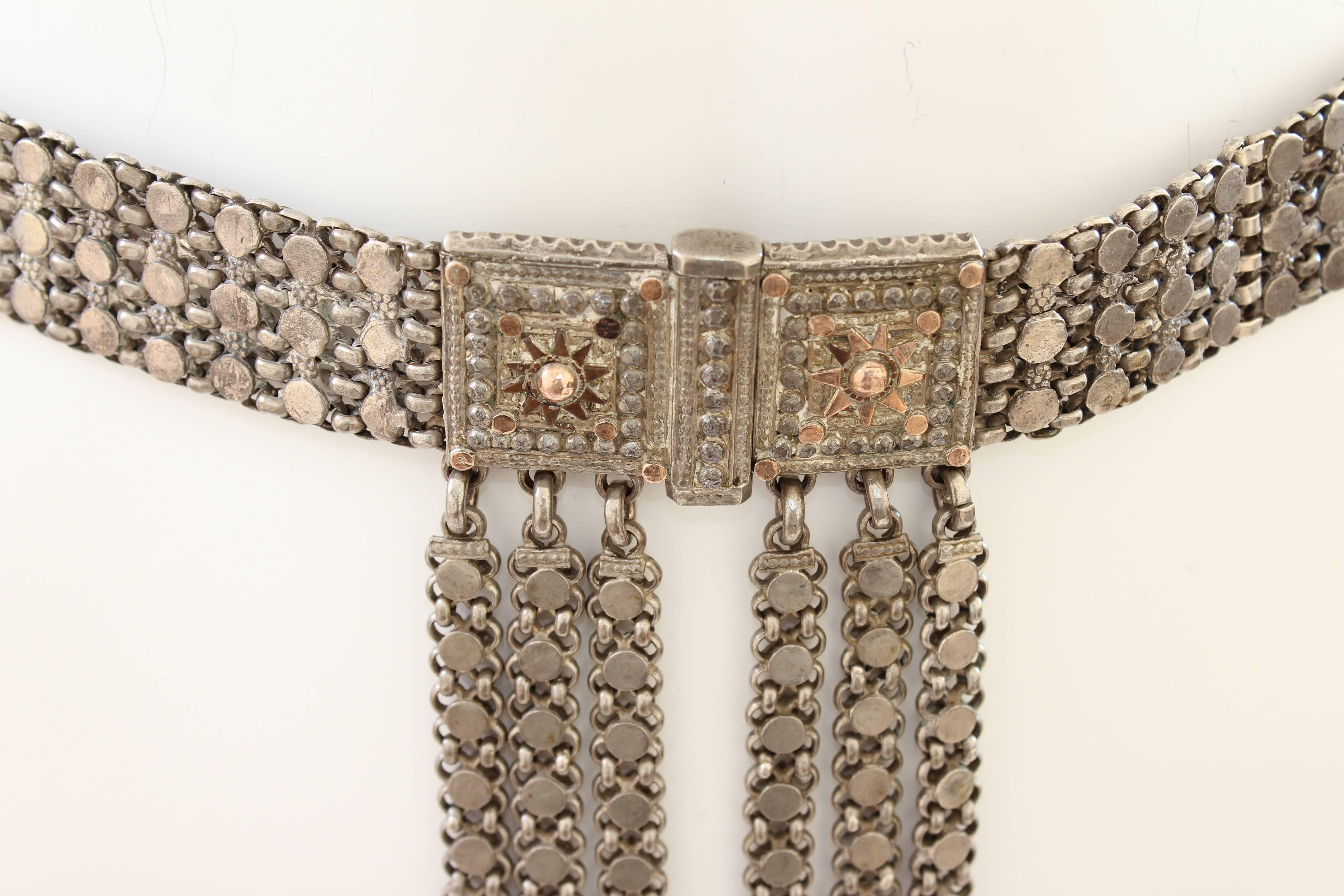 Rare Antique Rajasthan India Belt Chains Dangles Tribal Silver Metal Size S In Good Condition In Port Saint Lucie, FL