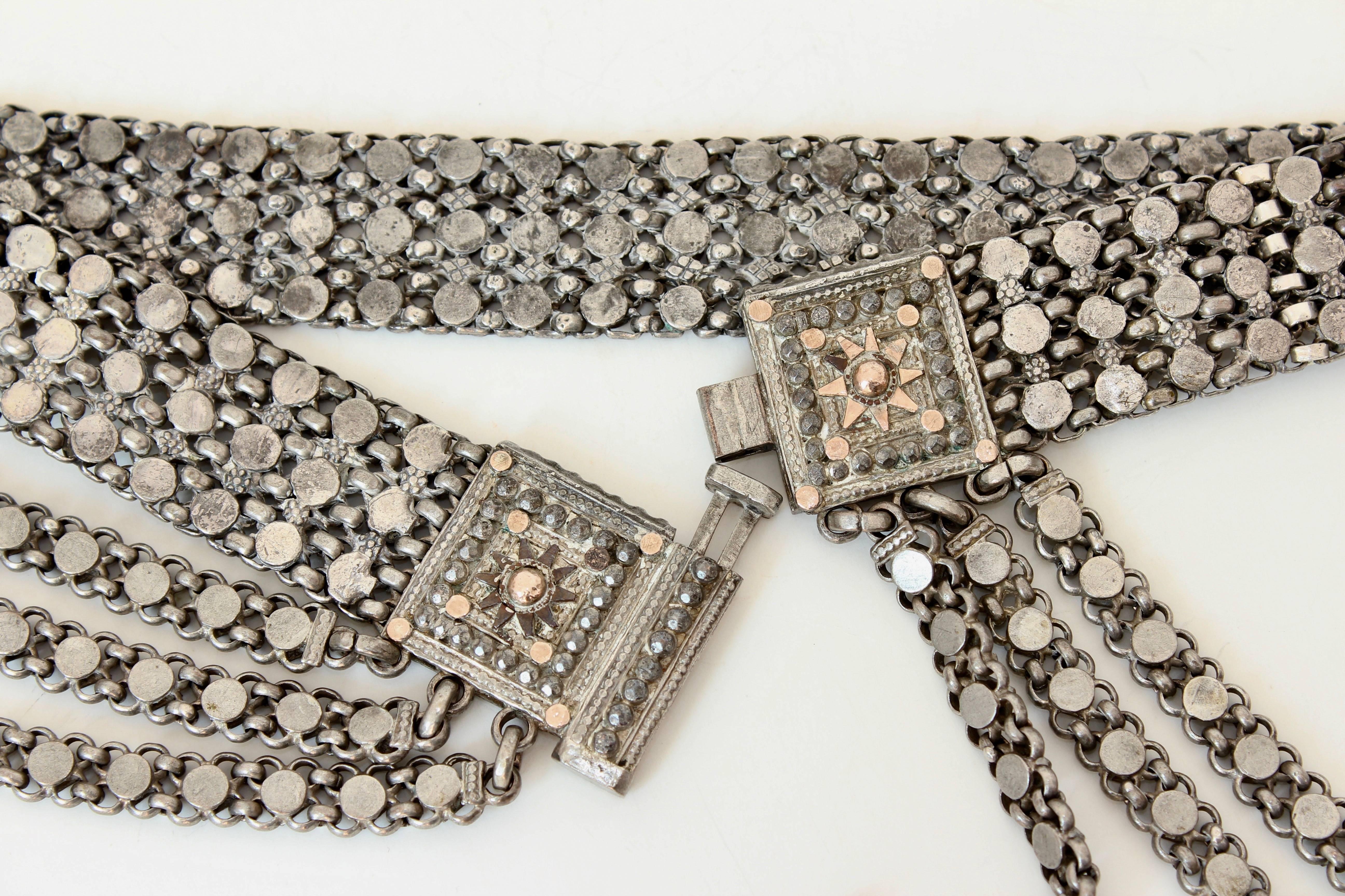 Rare Antique Rajasthan India Belt Chains Dangles Tribal Silver Metal Size S 1