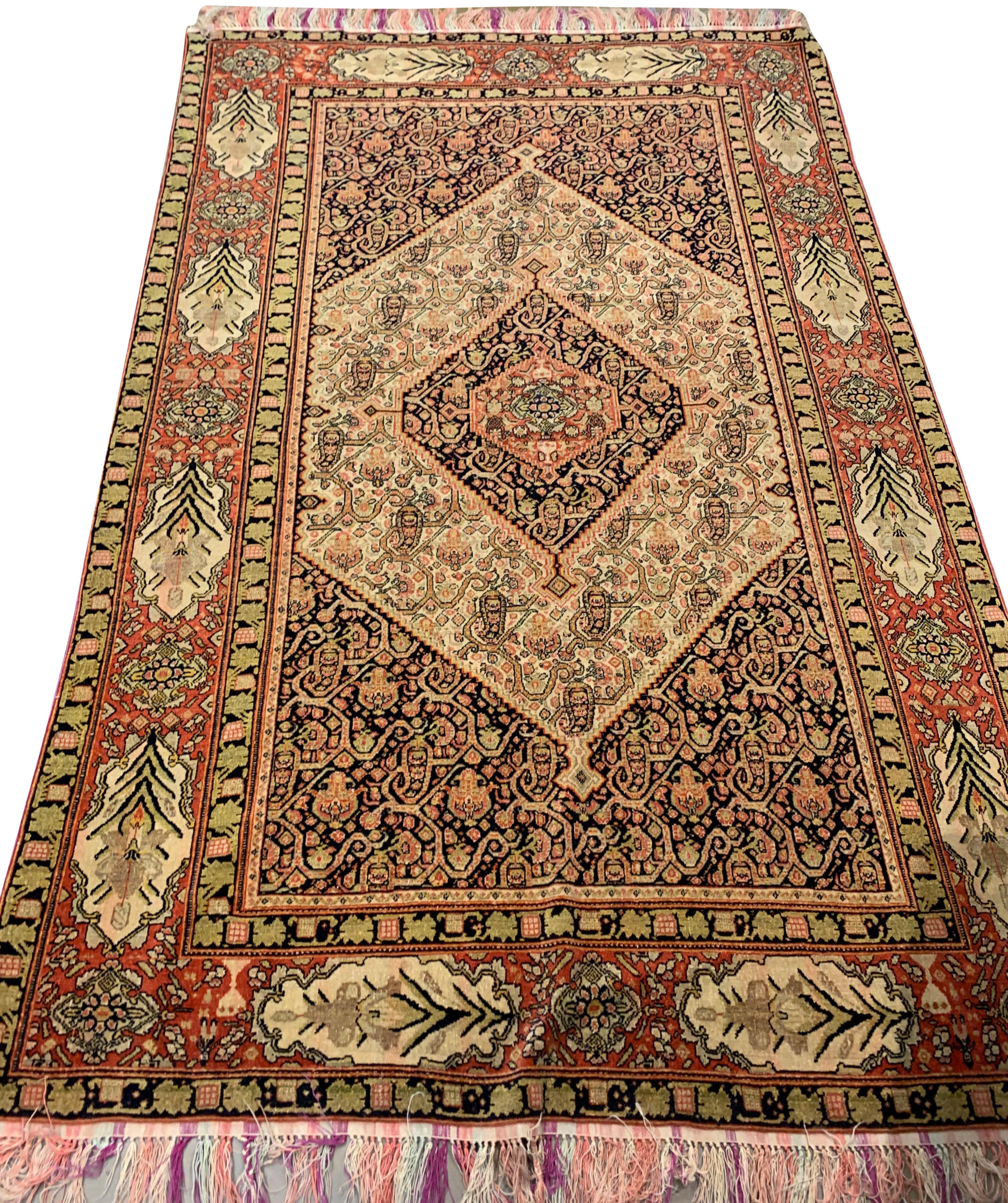 Wool Rare Antique Red Persian Fine Senneh on Silk Foundation 4'1 x 6'7 For Sale