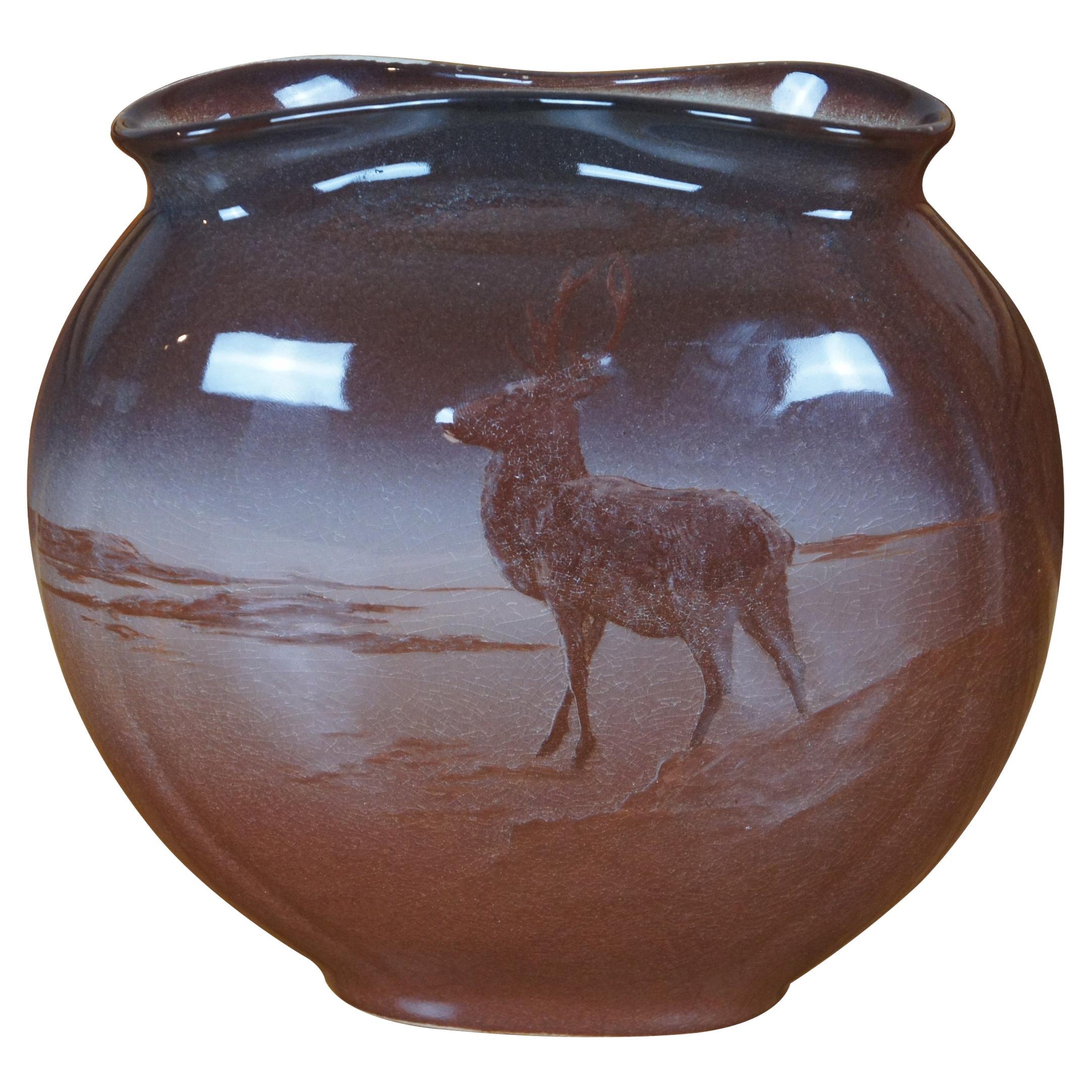 1896 Rare Antique Rookwood Kataro Shirayamadani Elk Stag Pillow Vase 8"