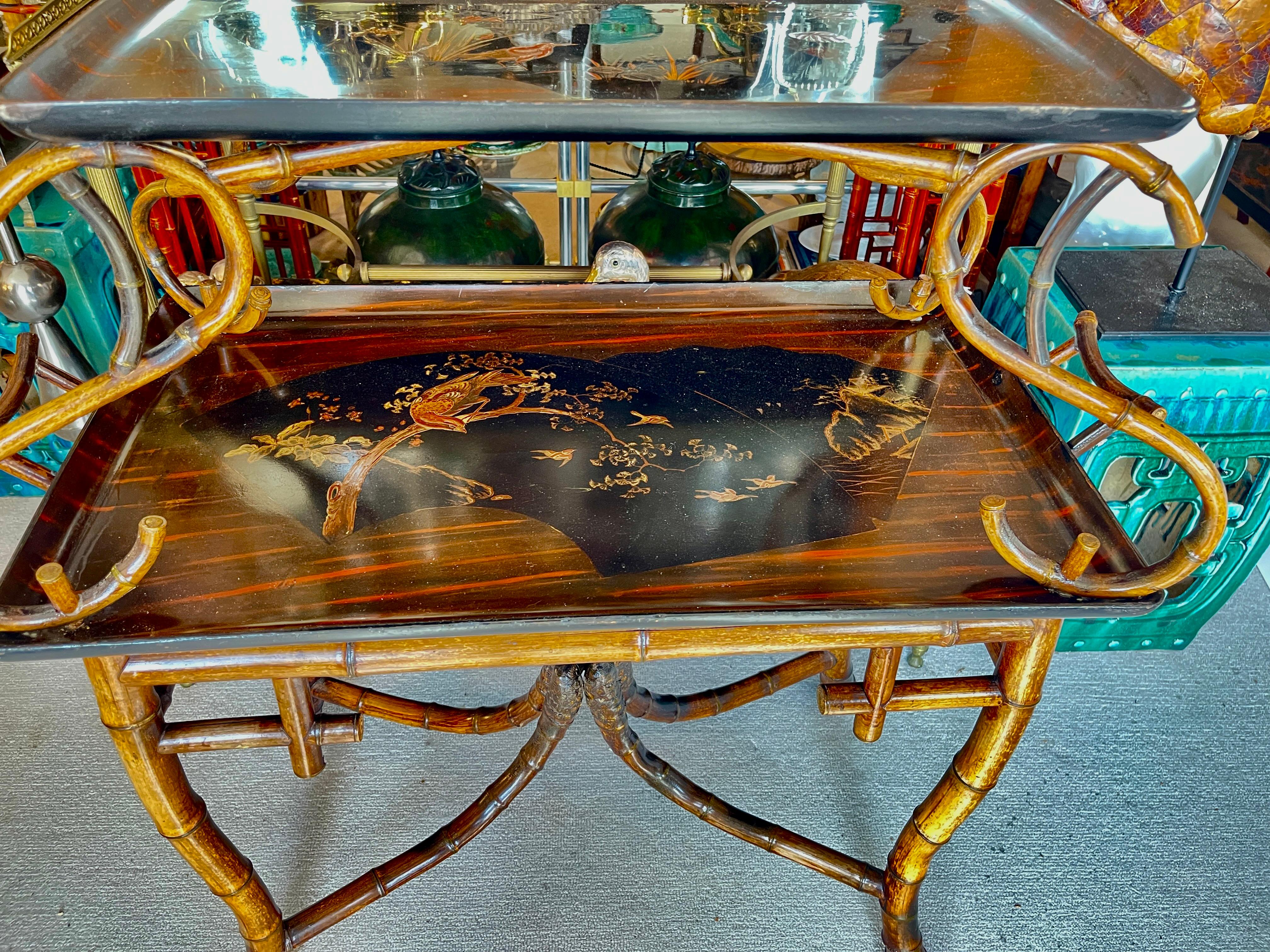 Rare Antique Root Bamboo & Lacquer Tray Table by Perret Et Vibert, C.1870-1890 For Sale 4