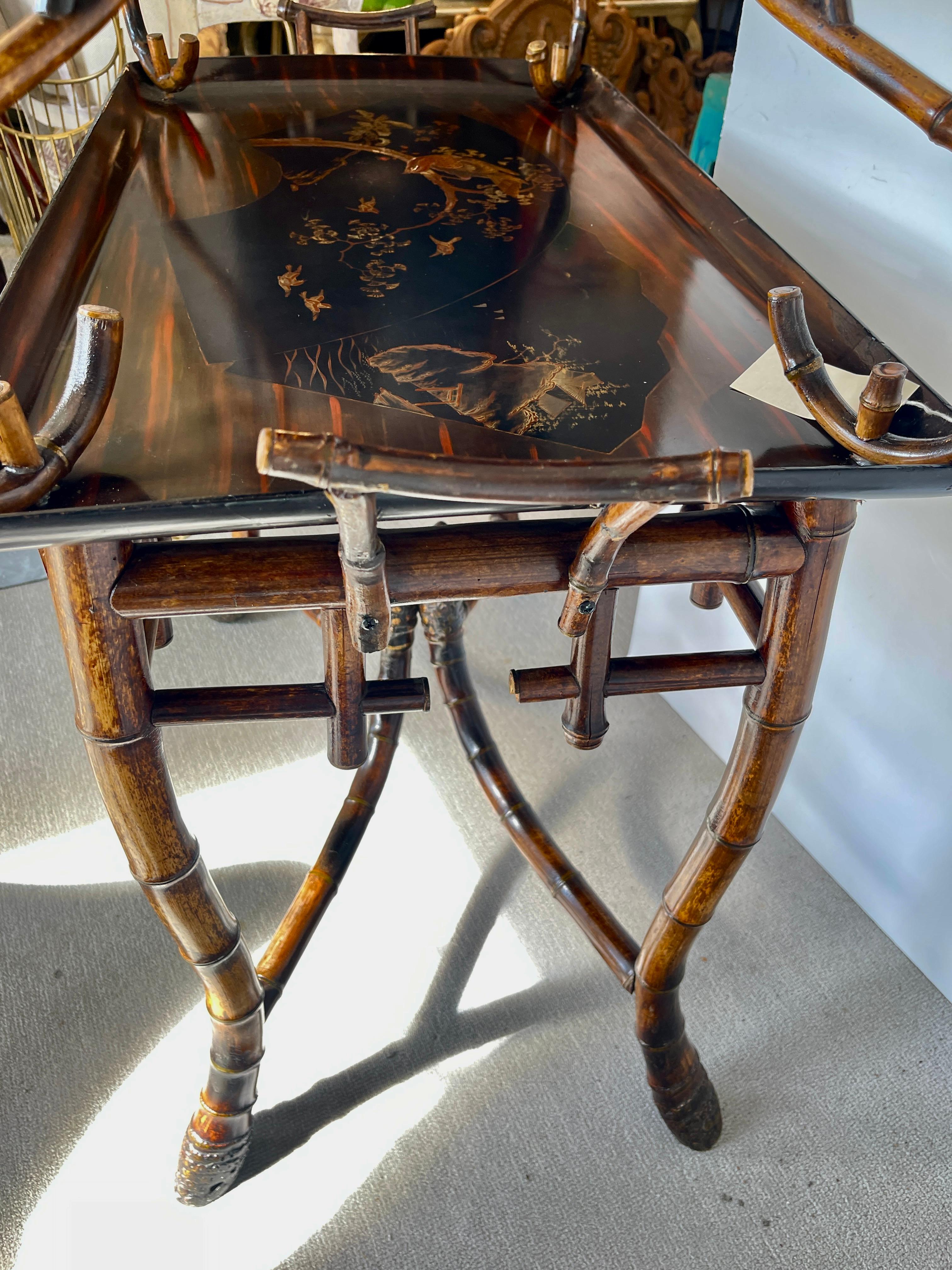 Rare Antique Root Bamboo & Lacquer Tray Table by Perret Et Vibert, C.1870-1890 For Sale 11
