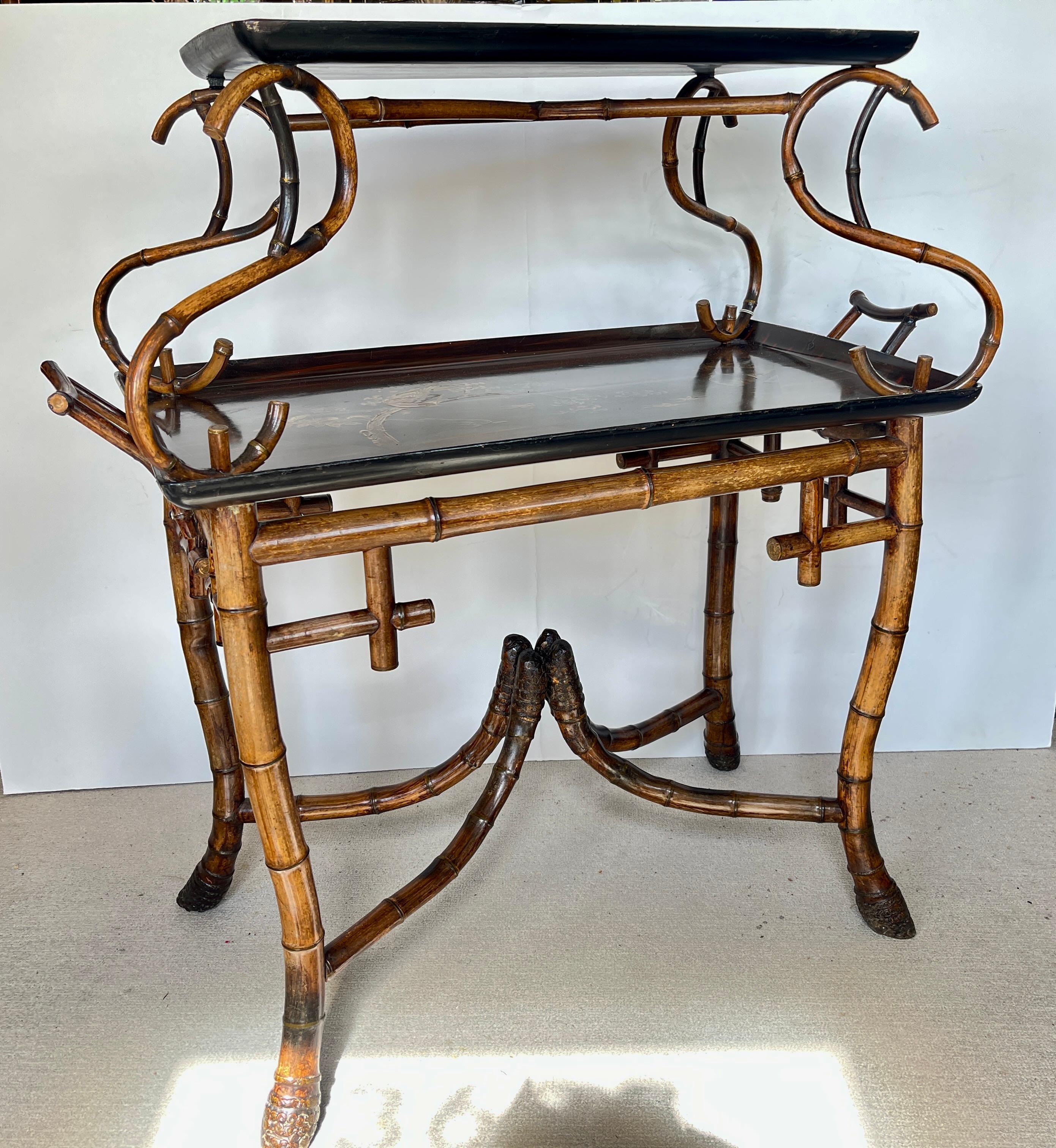 Hand-Crafted Rare Antique Root Bamboo & Lacquer Tray Table by Perret Et Vibert, C.1870-1890 For Sale
